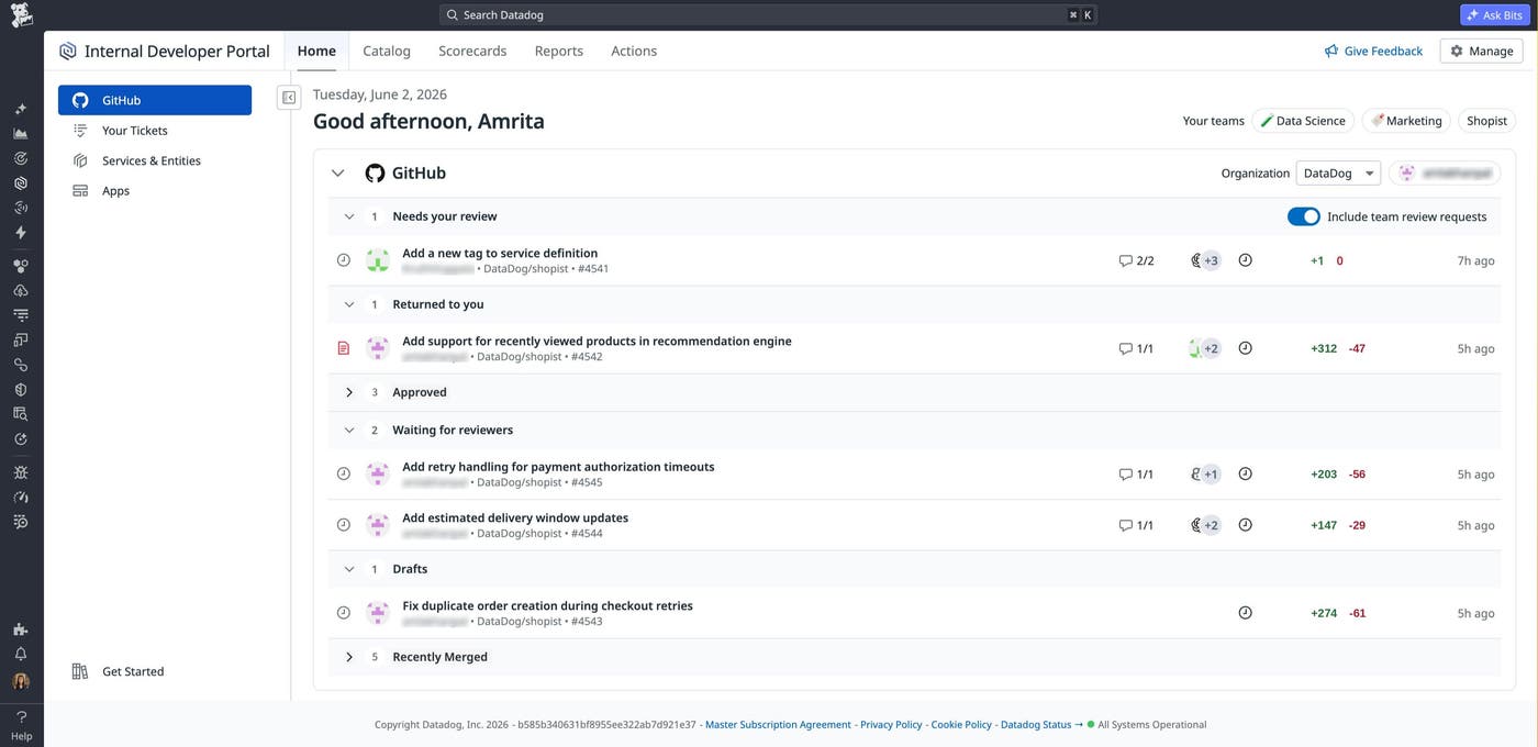 Internal Developer Portal Homepage showing a personalized view of GitHub pull requests awaiting review and Jira tickets, giving a developer a unified summary of their pending work. Internal Developer Portal Homepage showing a personalized view of GitHub pull requests awaiting review and Jira tickets, giving a developer a unified summary of their pending work.