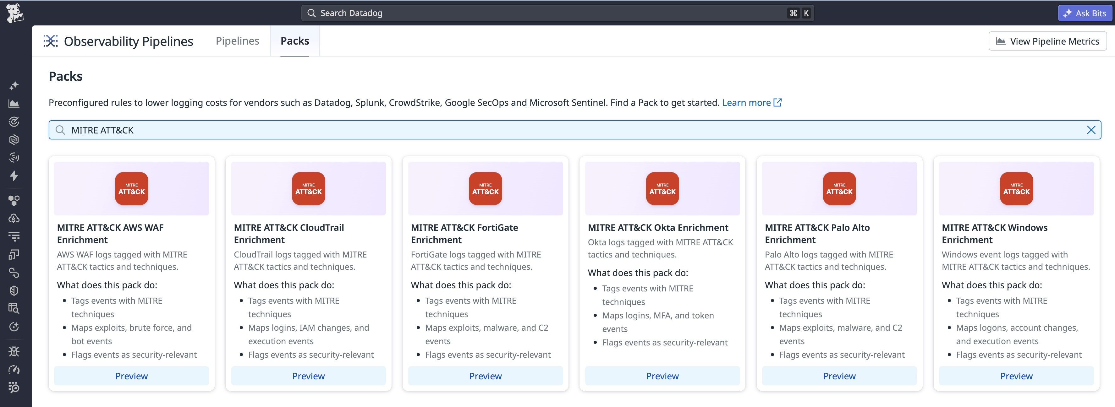 The Observability Pipelines Packs gallery showing all six MITRE ATT&CK Enrichment Packs.