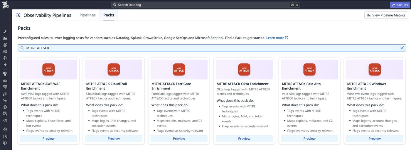 The Observability Pipelines Packs gallery showing all six MITRE ATT&CK Enrichment Packs. The Observability Pipelines Packs gallery showing all six MITRE ATT&CK Enrichment Packs.