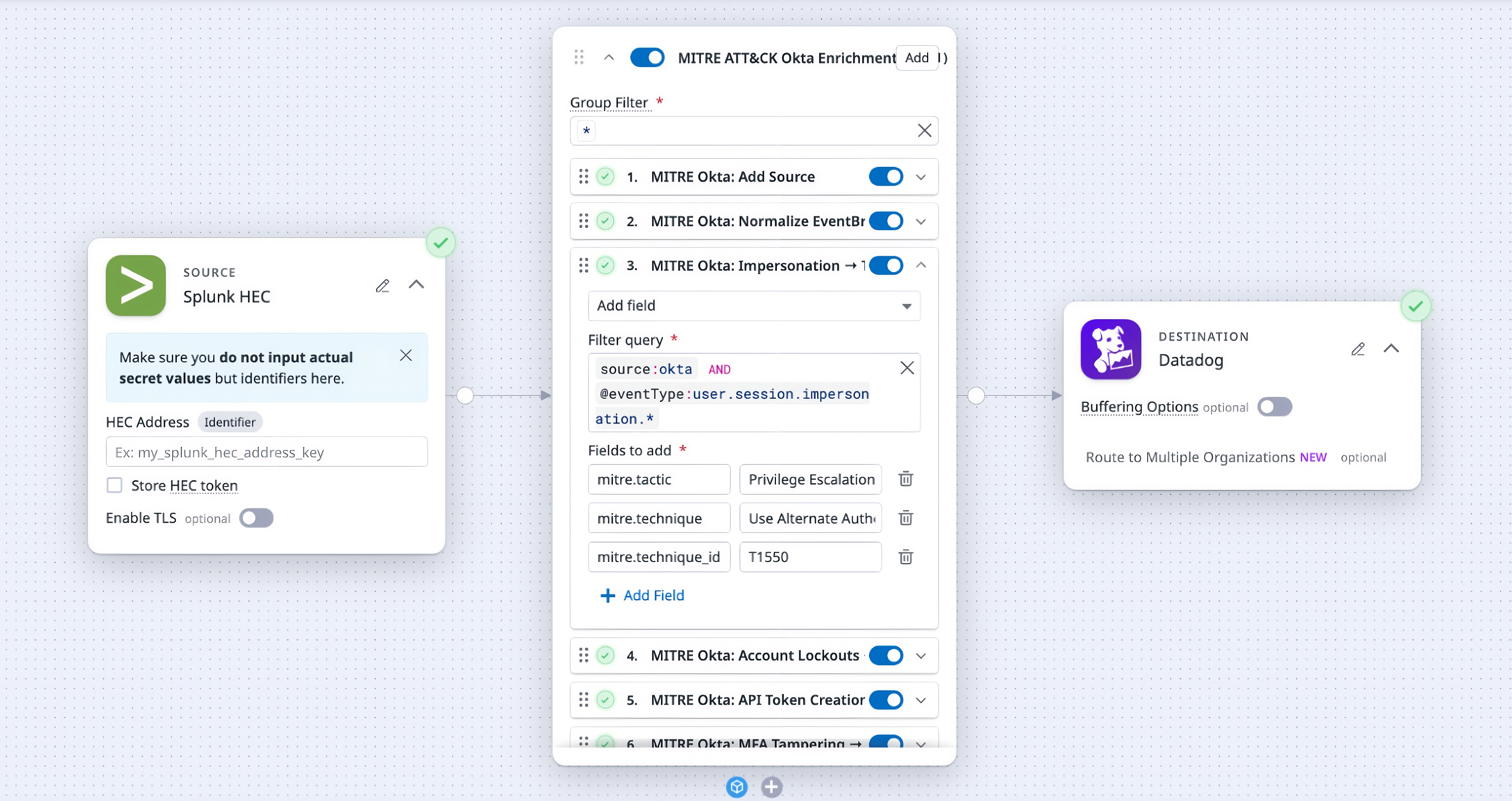 The MITRE ATT&CK Okta Enrichment Pack in Observability Pipelines, showing processors that map events to MITRE techniques.