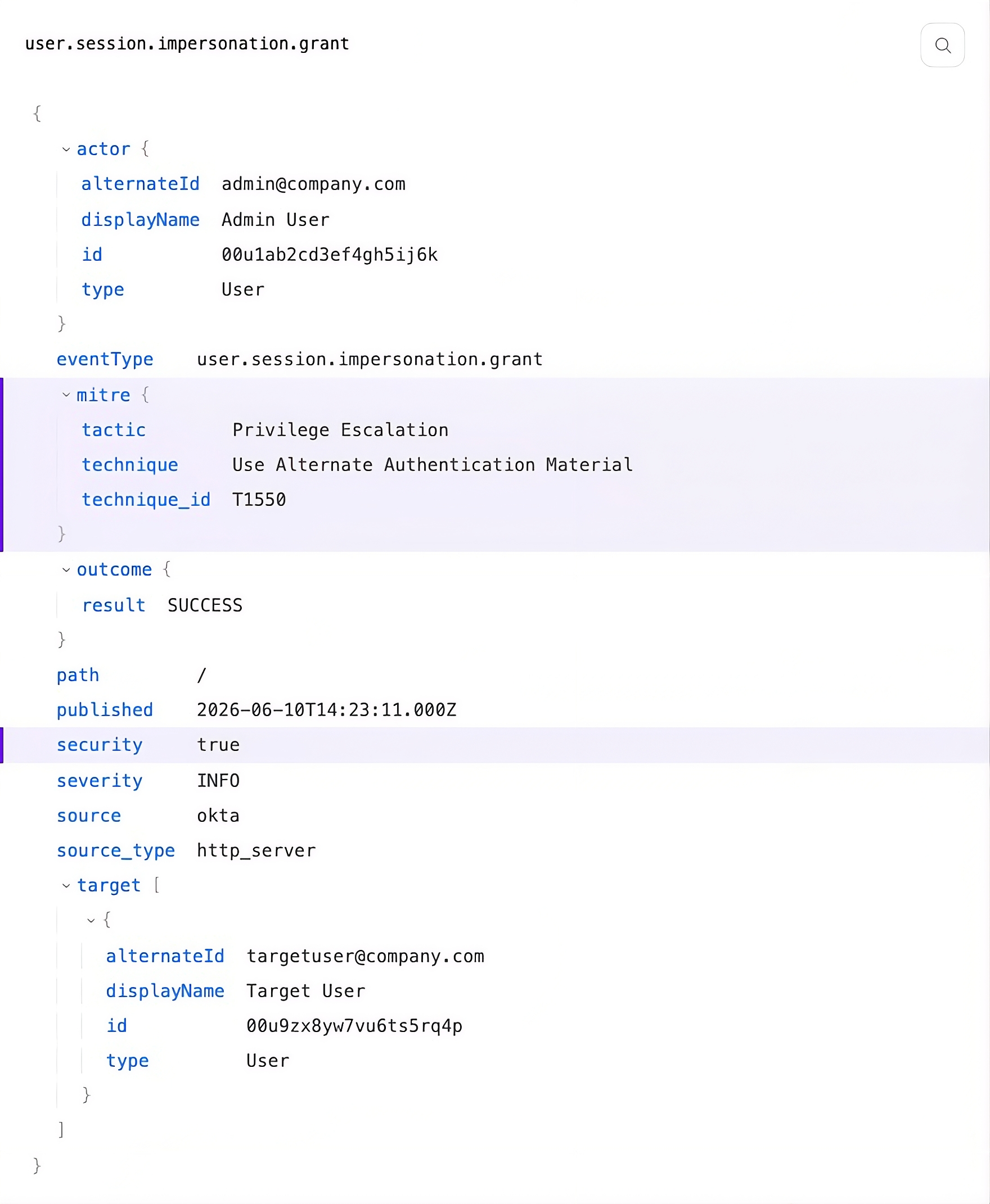 An Okta impersonation event in Datadog Log Management showing MITRE ATT&CK enrichment fields added by Observability Pipelines.