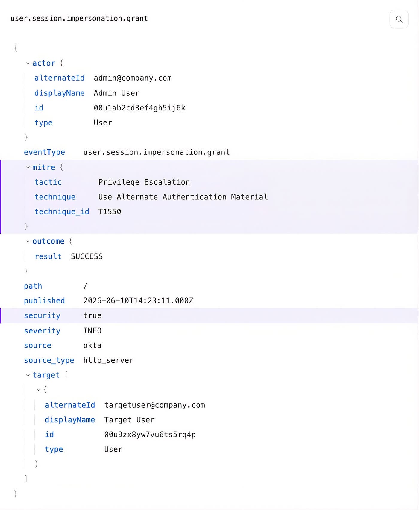 An Okta impersonation event in Datadog Log Management showing MITRE ATT&CK enrichment fields added by Observability Pipelines. An Okta impersonation event in Datadog Log Management showing MITRE ATT&CK enrichment fields added by Observability Pipelines.