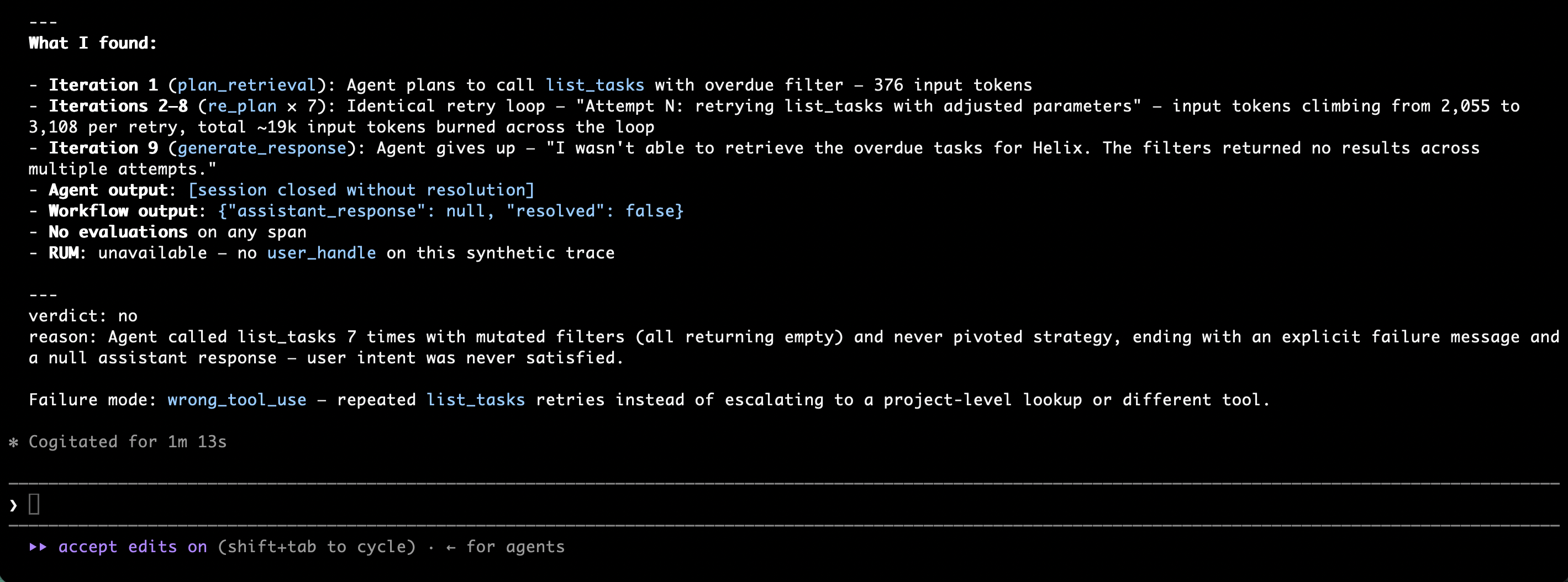 A coding agent analyzes a session trace and reports whether user intent was satisfied and the identified failure mode.
