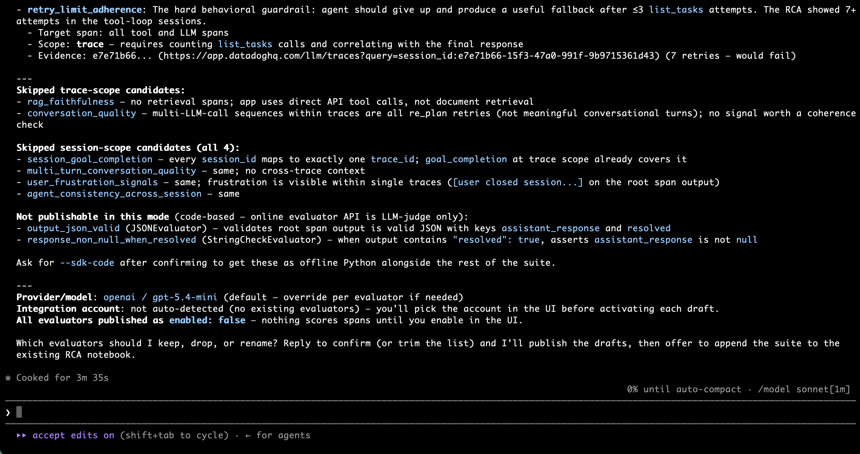 A coding agent recommends which evaluators to keep, drop, or rename based on production traces, then asks for confirmation.