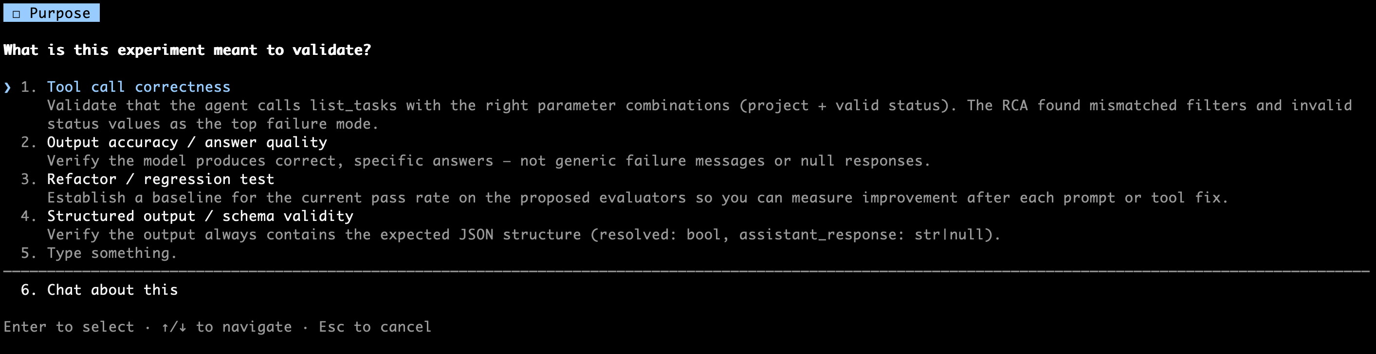 A coding agent walks through setup questions to define what a new experiment will measure.