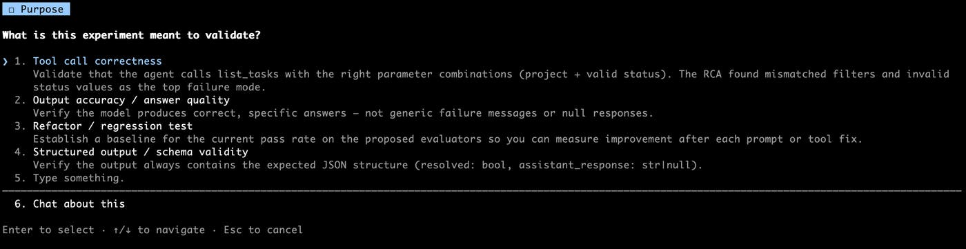A coding agent walks through setup questions to define what a new experiment will measure. A coding agent walks through setup questions to define what a new experiment will measure.