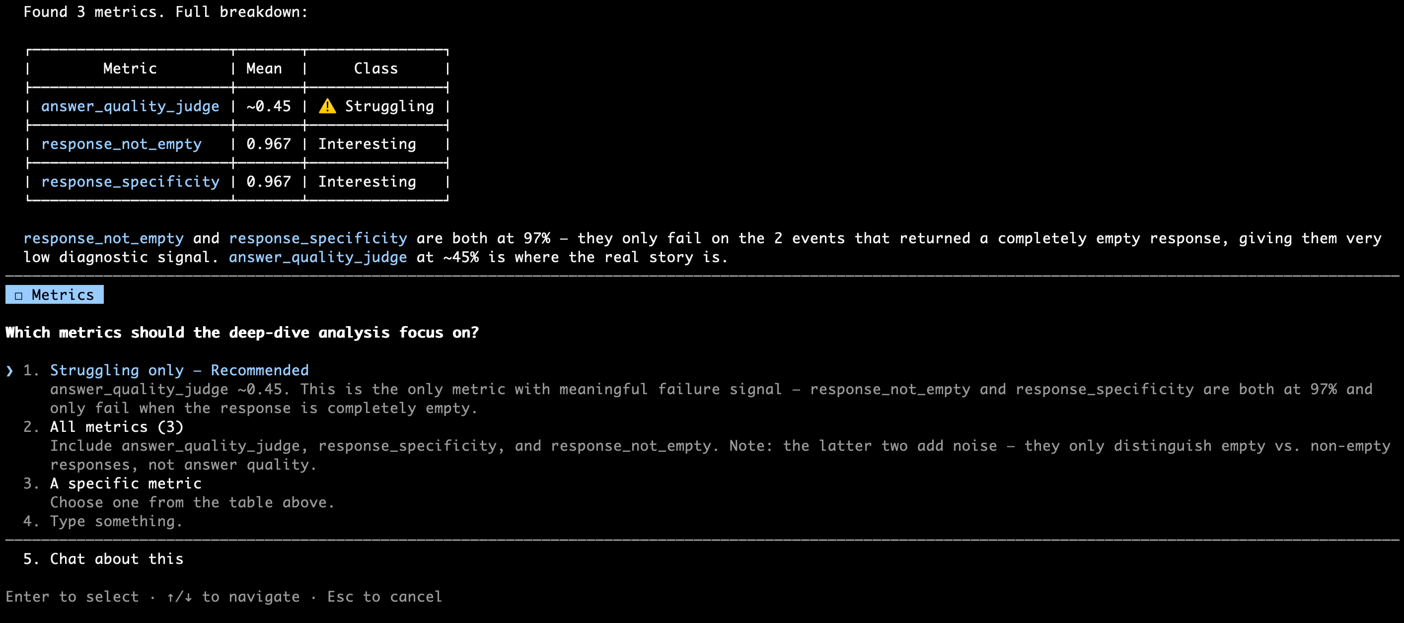 A coding agent surfaces evaluation metric results and prompts the user to choose which signal to investigate further.