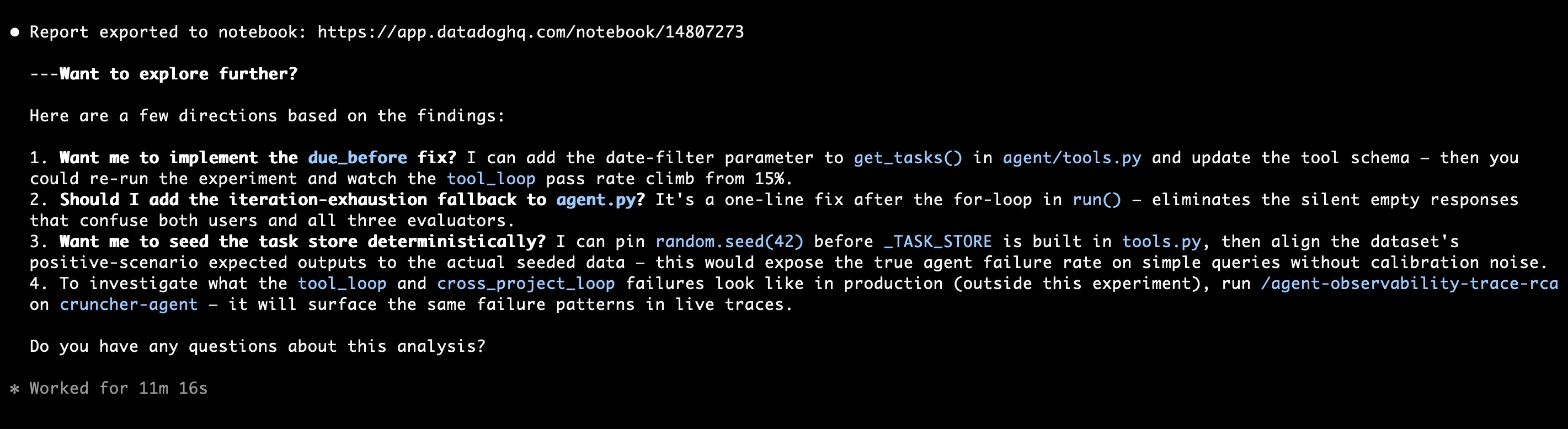 A coding agent surfaces actionable next steps after analyzing an experiment, with a link to the exported Notebook.