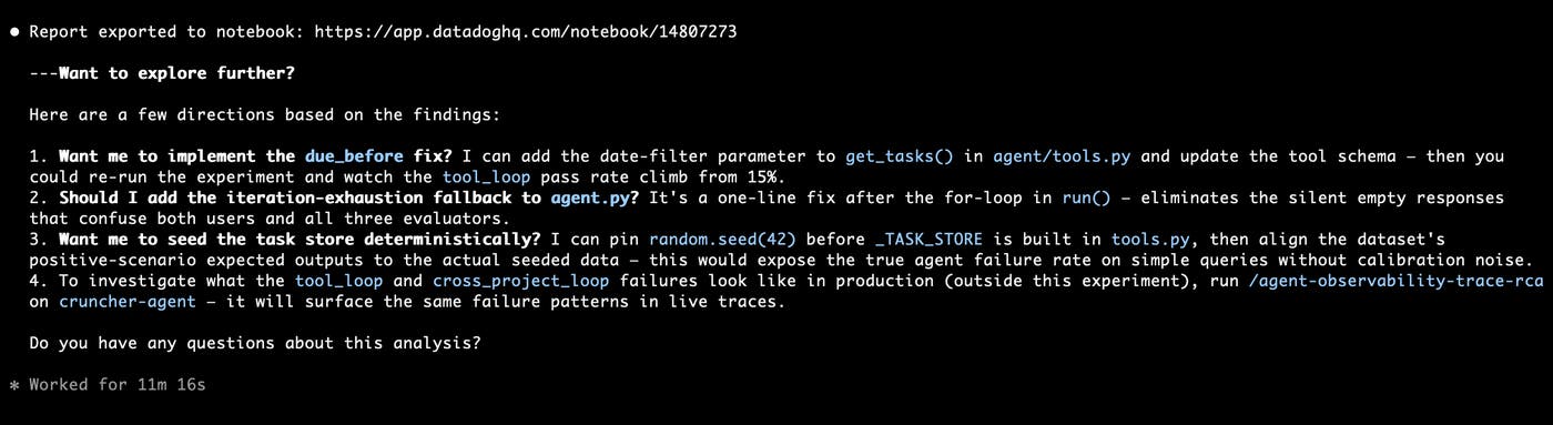 A coding agent surfaces actionable next steps after analyzing an experiment, with a link to the exported Notebook. A coding agent surfaces actionable next steps after analyzing an experiment, with a link to the exported Notebook.