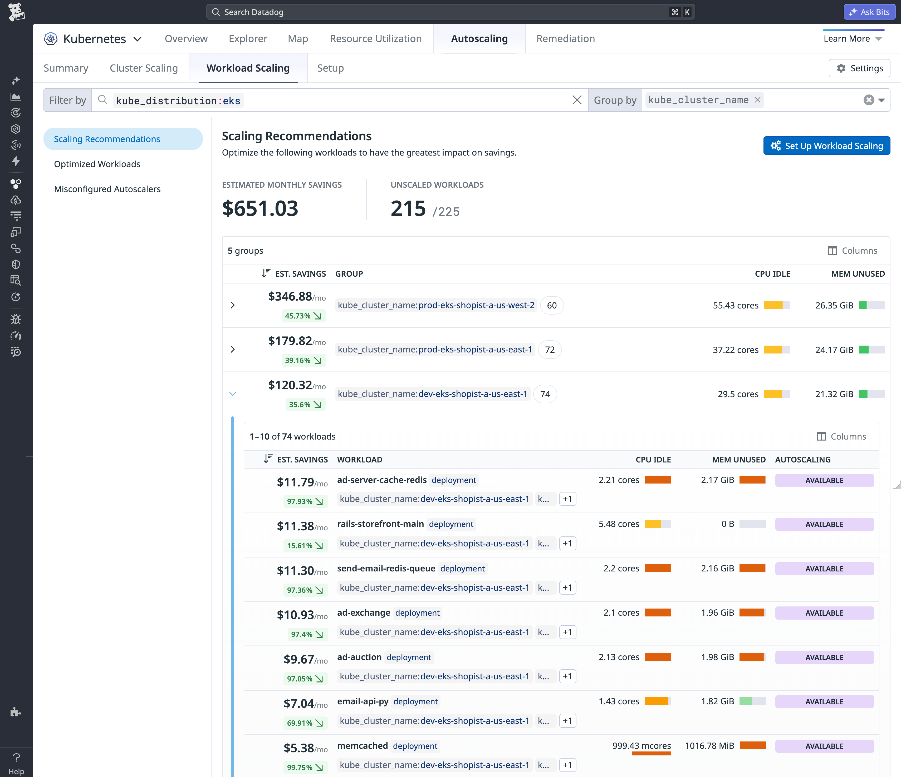 Datadog’s Workload Scaling dashboard showing Scaling Recommendations for EKS clusters. It highlights $651.03 in estimated monthly savings across 215 unscaled workloads. An expanded cluster view lists specific deployments with their estimated savings, idle resources, and autoscaling availability.