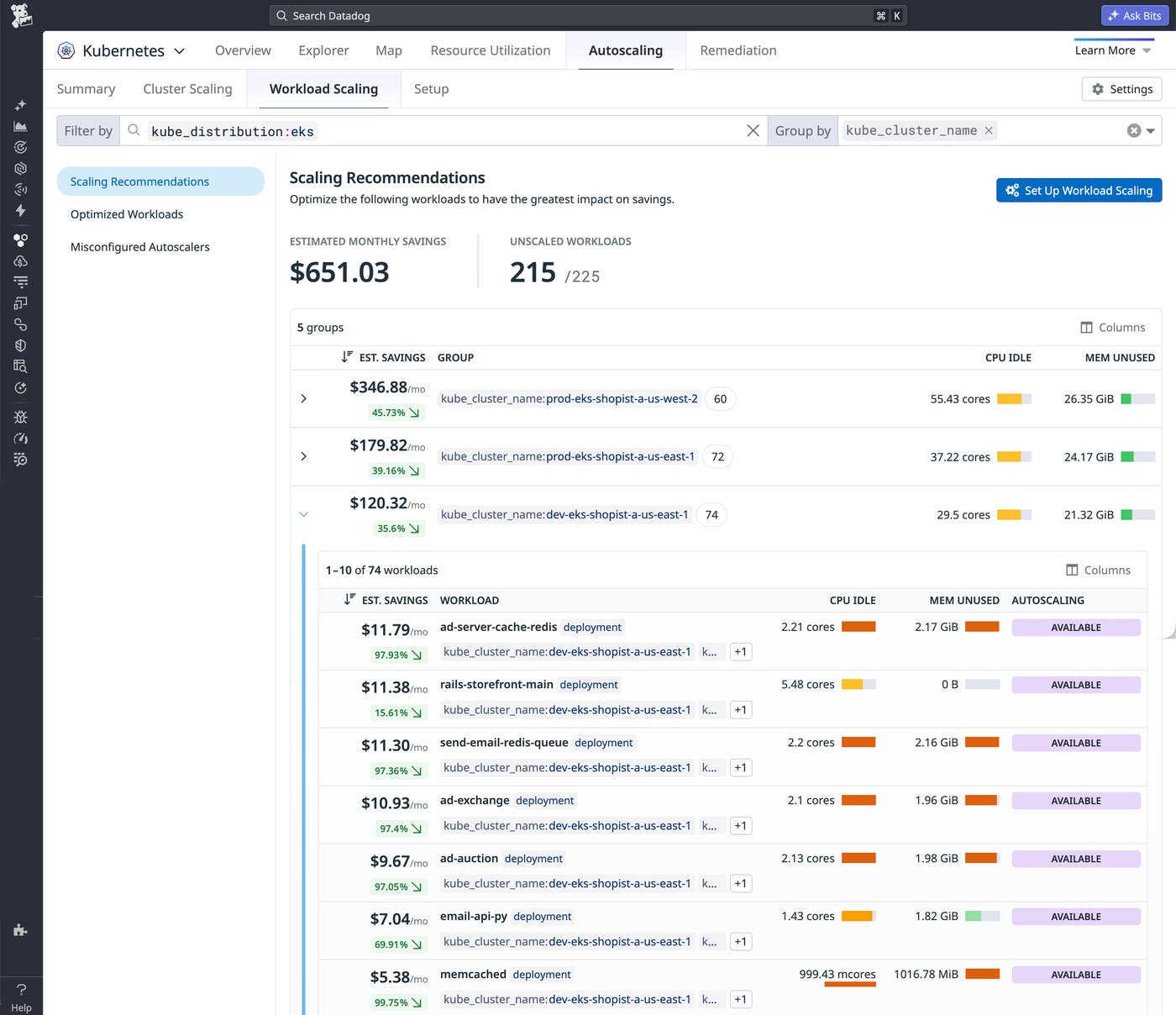 Datadog’s Workload Scaling dashboard showing Scaling Recommendations for EKS clusters. It highlights $651.03 in estimated monthly savings across 215 unscaled workloads. An expanded cluster view lists specific deployments with their estimated savings, idle resources, and autoscaling availability. Datadog’s Workload Scaling dashboard showing Scaling Recommendations for EKS clusters. It highlights $651.03 in estimated monthly savings across 215 unscaled workloads. An expanded cluster view lists specific deployments with their estimated savings, idle resources, and autoscaling availability.