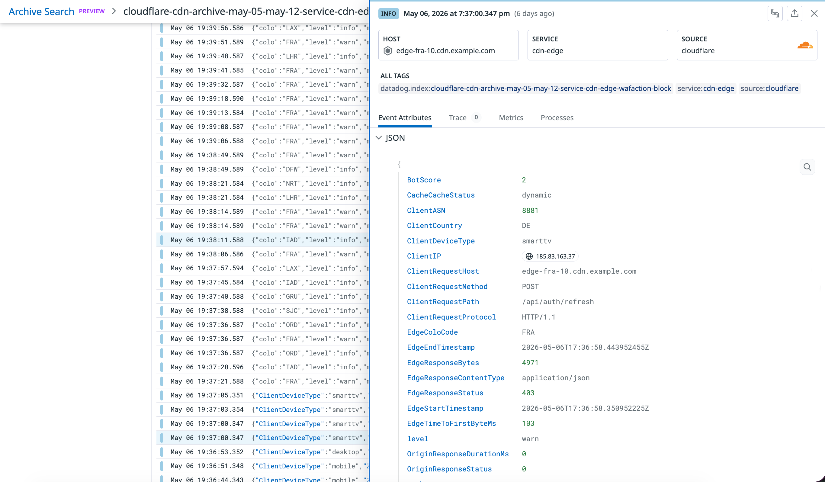Archive Search log detail showing Cloudflare CDN event attributes including BotScore, client IP, request path, and edge response status for a blocked authentication request.