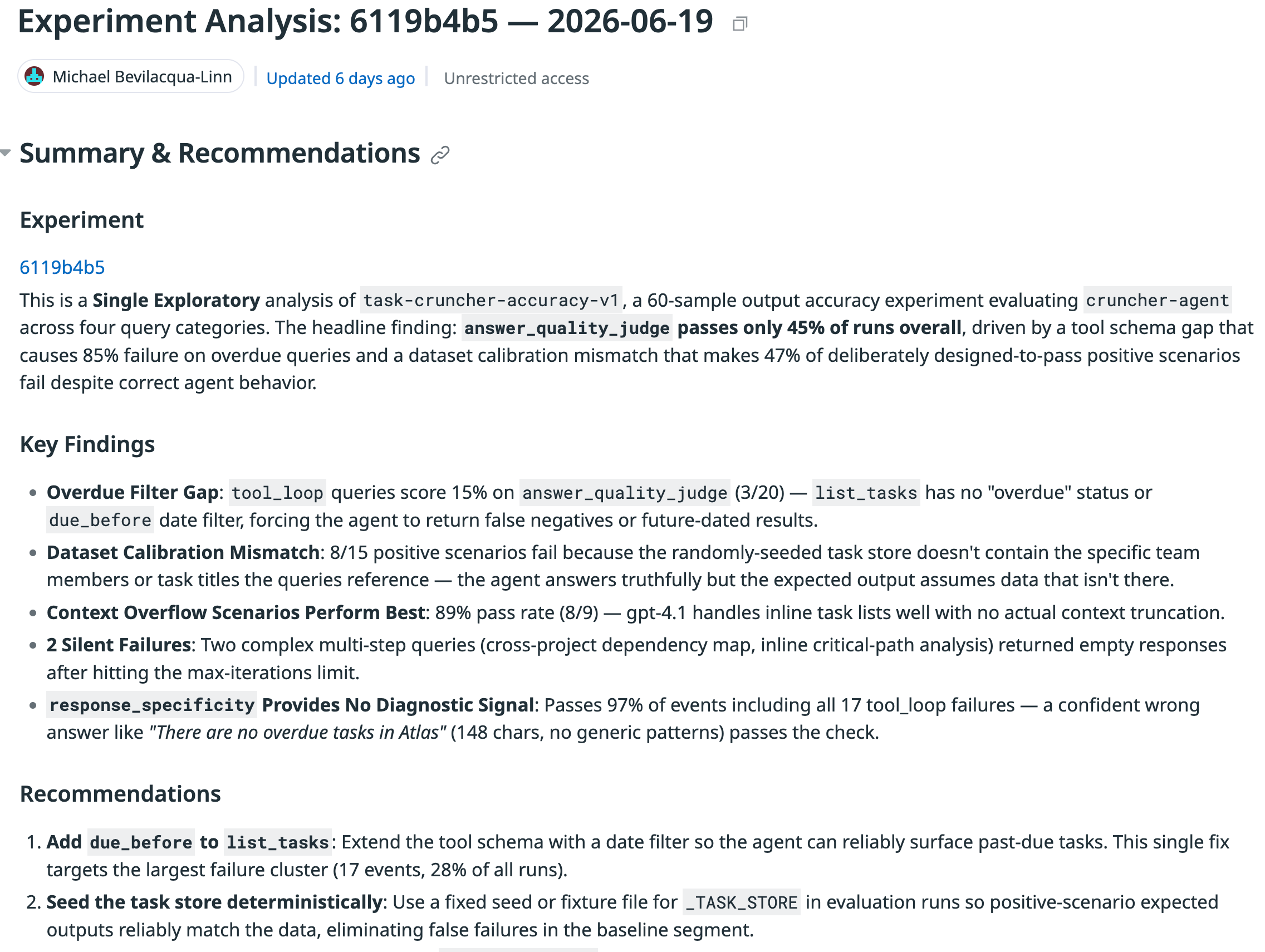 A Datadog Notebook showing experiment analysis findings and recommendations exported from the coding agent.