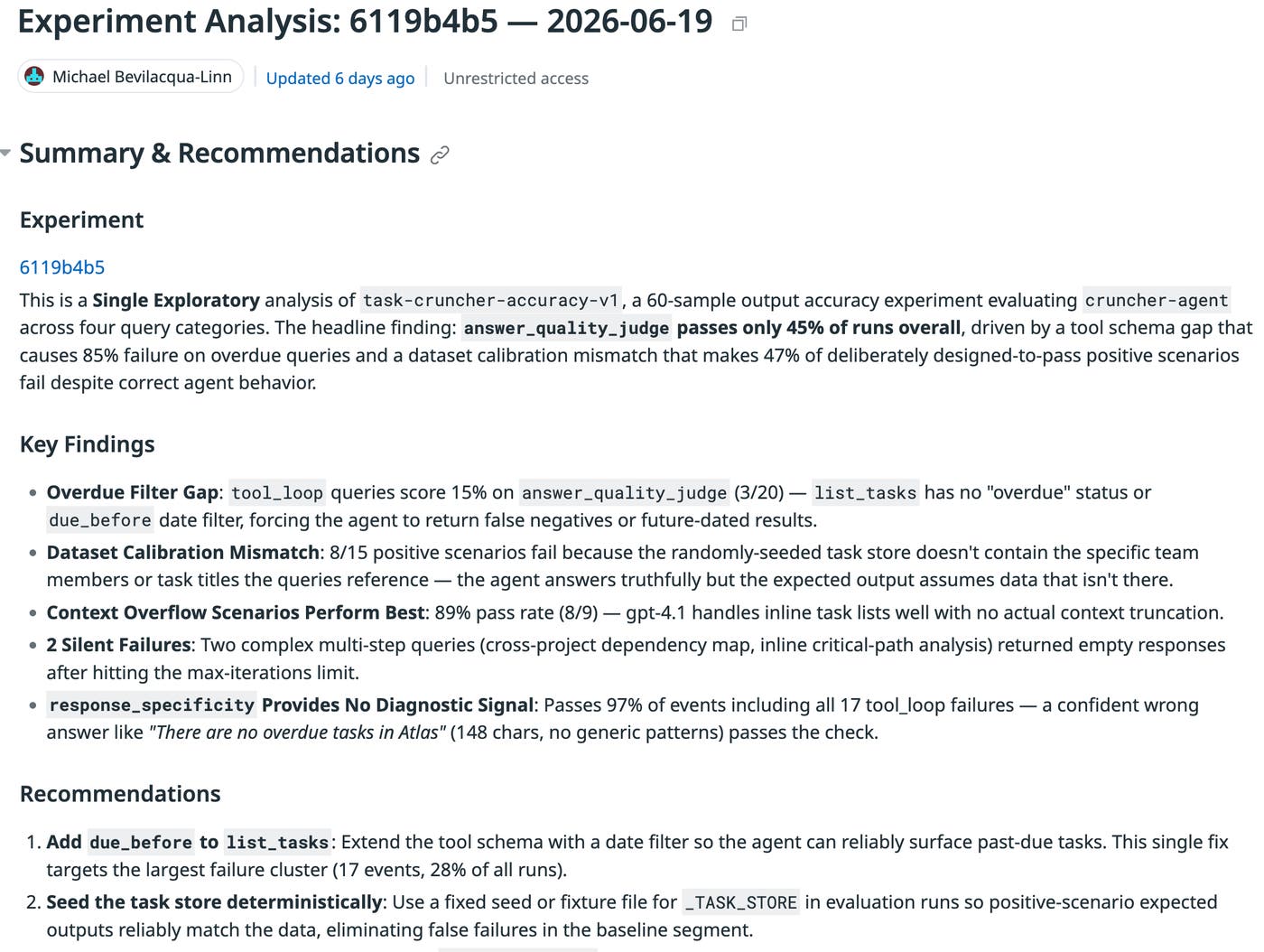 A Datadog Notebook showing experiment analysis findings and recommendations exported from the coding agent. A Datadog Notebook showing experiment analysis findings and recommendations exported from the coding agent.