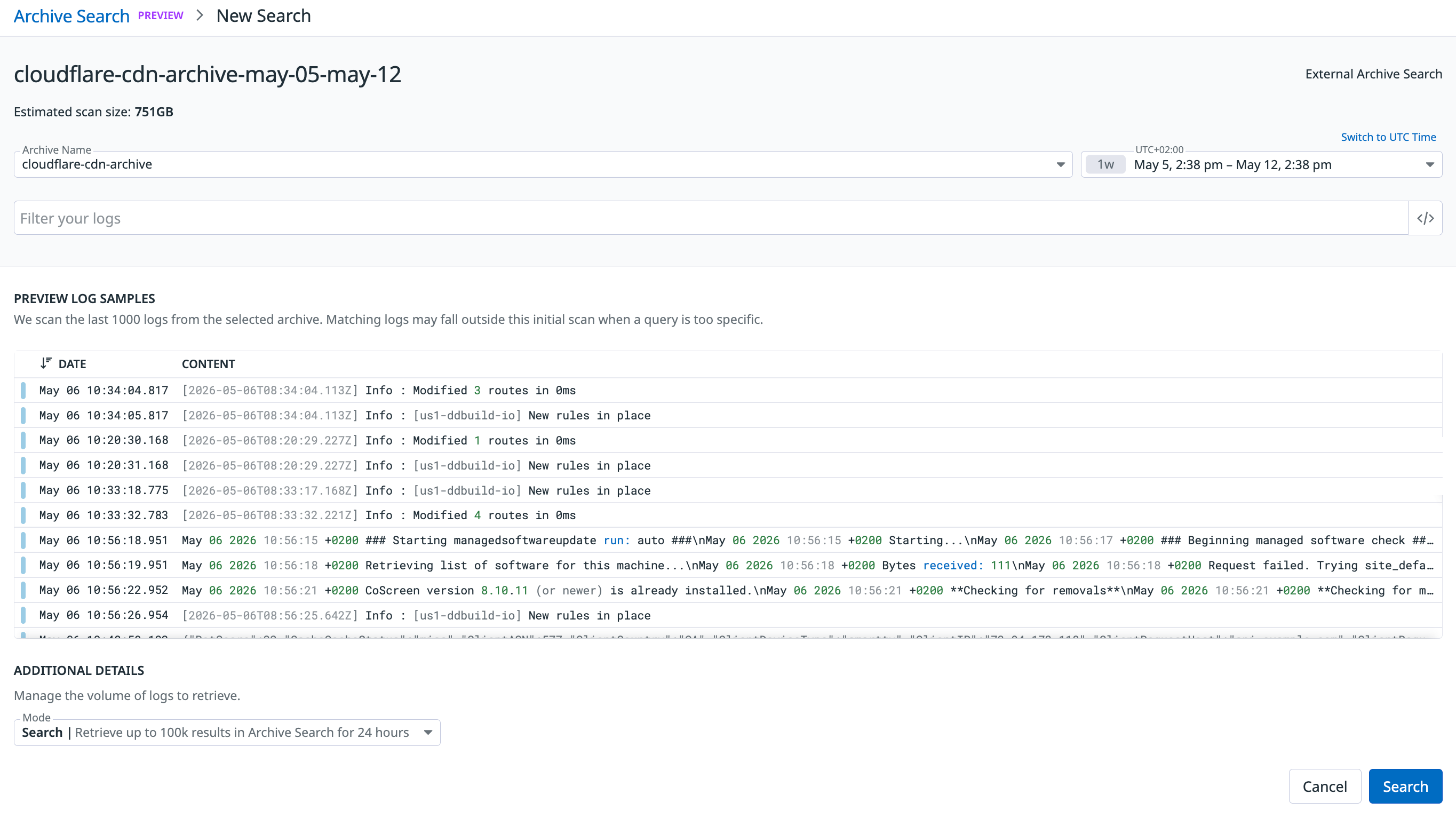 Archive Search Query Preview returning log samples from a Cloudflare CDN archive before a full scan is committed.