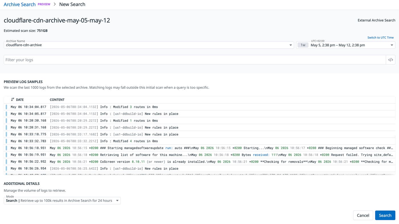 Archive Search Query Preview returning log samples from a Cloudflare CDN archive before a full scan is committed. Archive Search Query Preview returning log samples from a Cloudflare CDN archive before a full scan is committed.