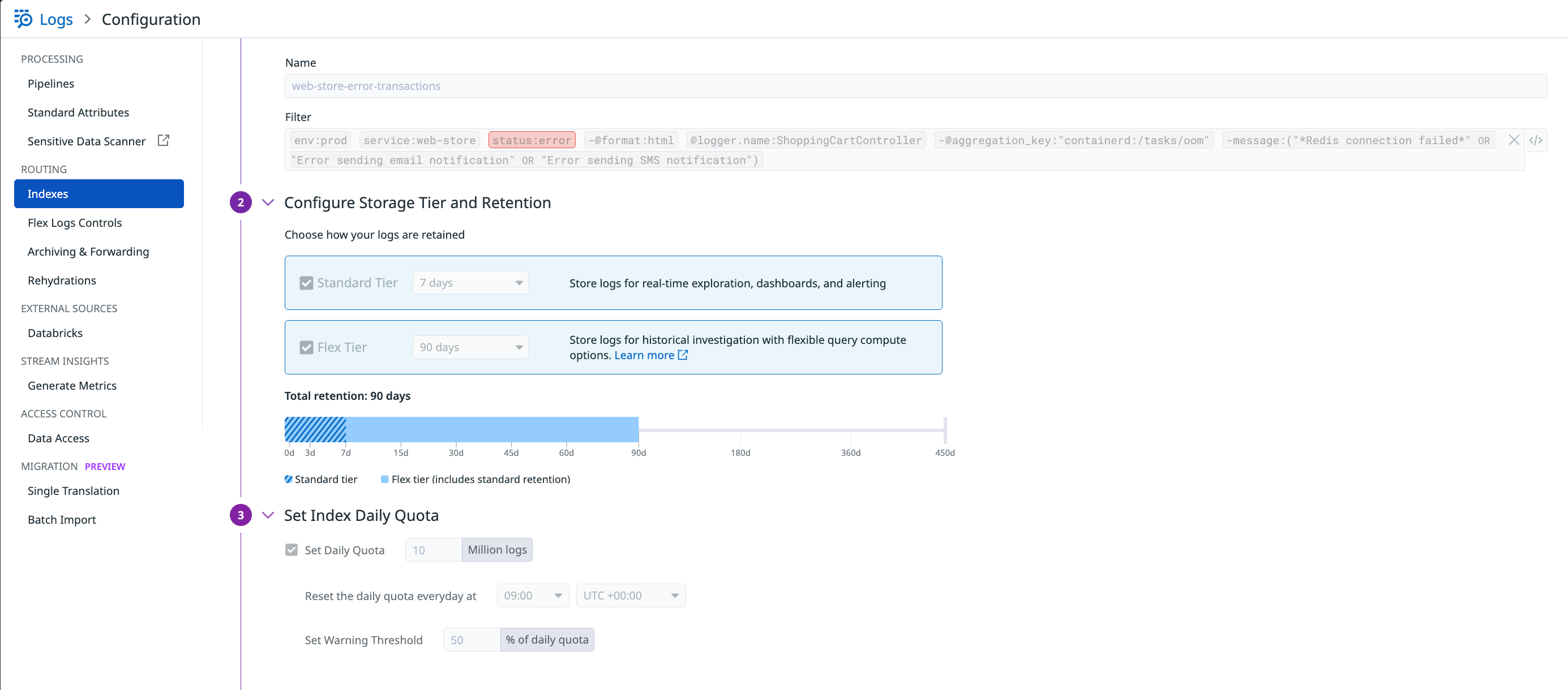 Datadog Log Management screen for configuring storage tier and retention length of logs.