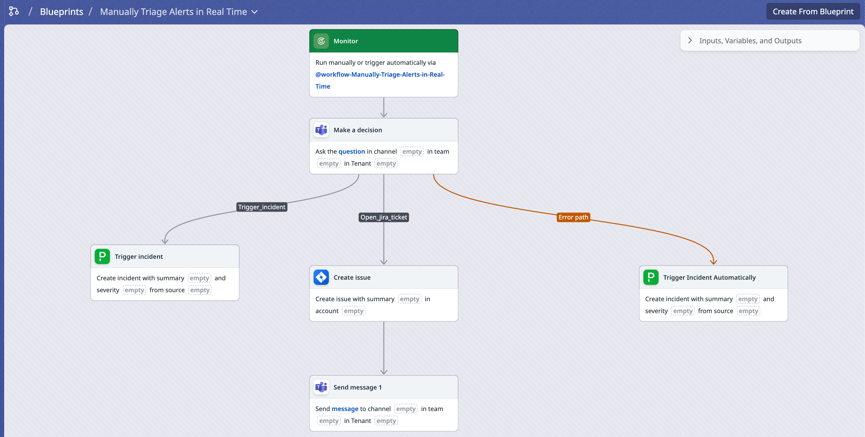 Datadog Workflow Automation blueprint for triage that eliminates manual steps such as monitoring alert queues and switching between tools for context.