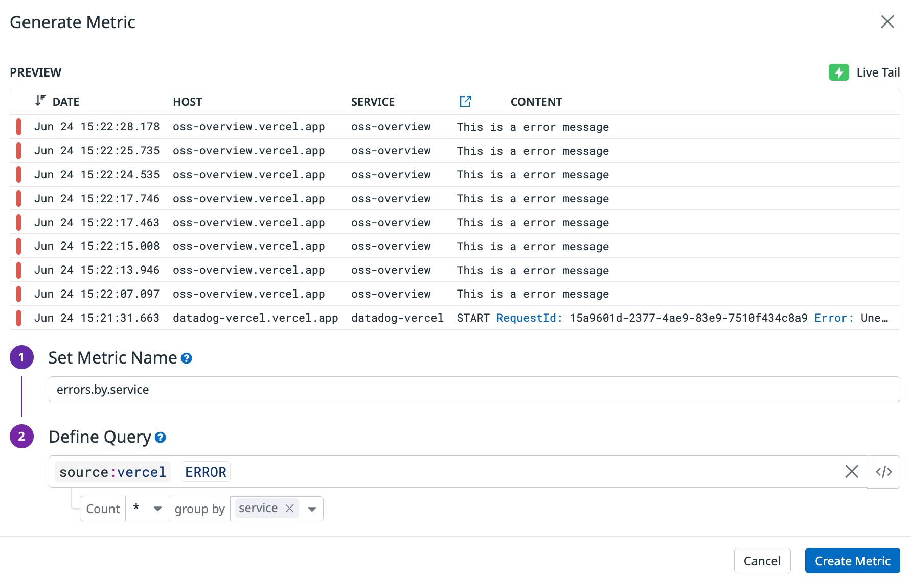 The Datadog Generate Metric dialog, creating a metric from Vercel error logs grouped by service.