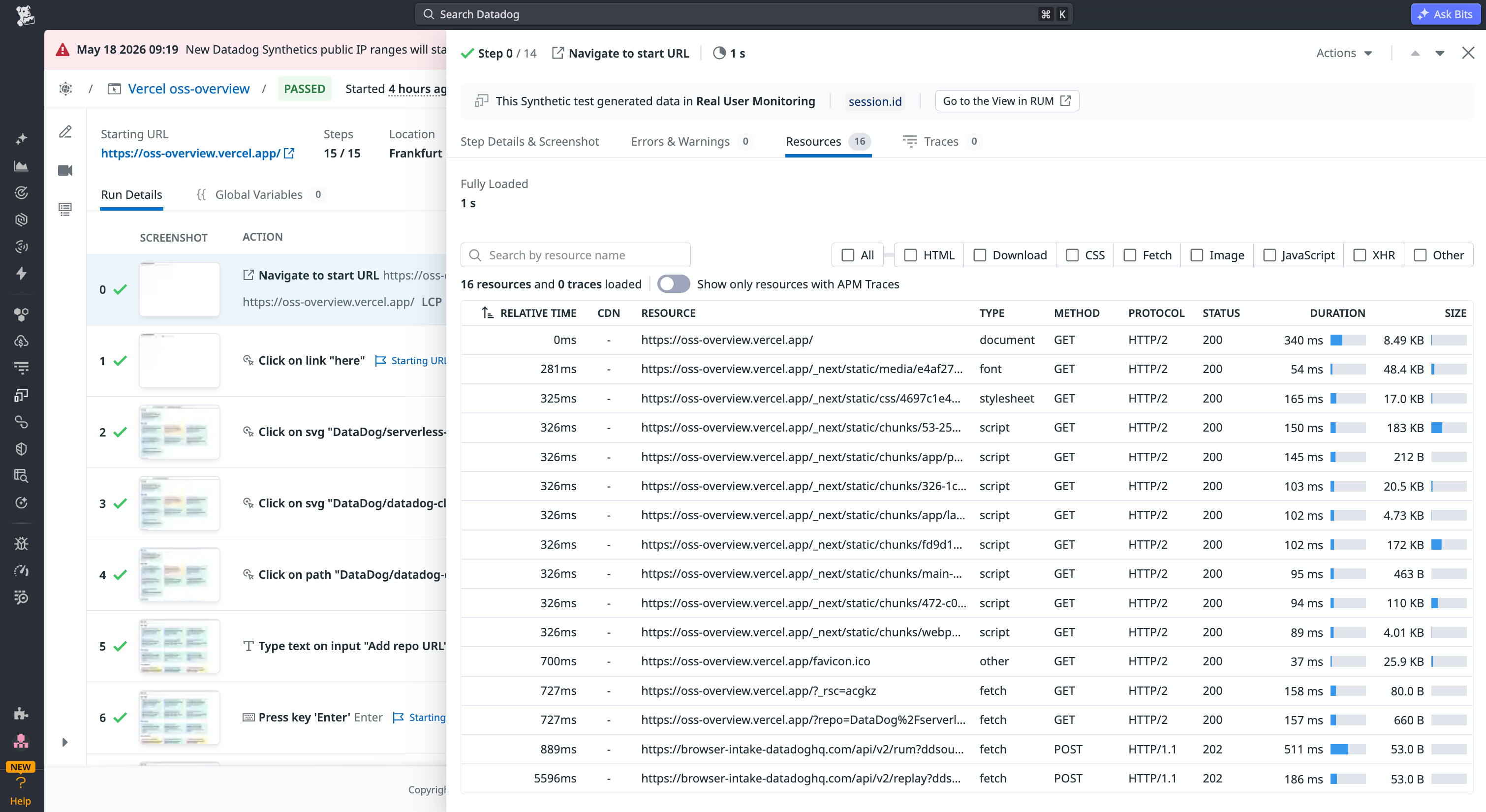 A Datadog Synthetic Monitoring test linked to a Real User Monitoring session, showing network requests and APM traces side by side.