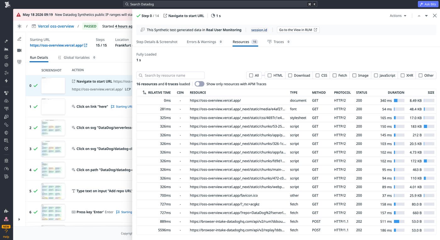 A Datadog Synthetic Monitoring test linked to a Real User Monitoring session, showing network requests and APM traces side by side. A Datadog Synthetic Monitoring test linked to a Real User Monitoring session, showing network requests and APM traces side by side.