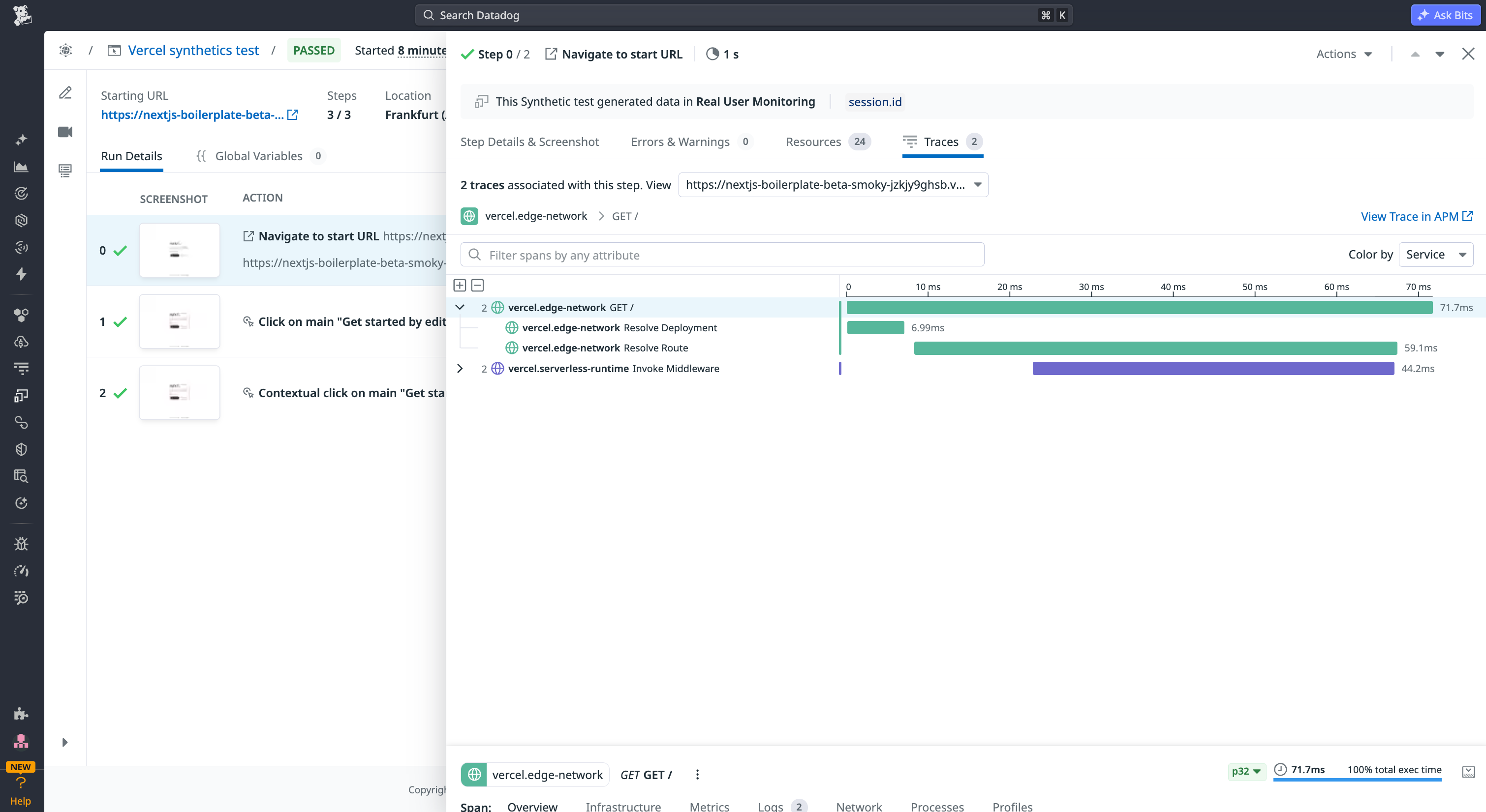 A passed Datadog Synthetic test showing APM traces from a Vercel edge network request, with span-level timing for deployment resolution and middleware invocation.
