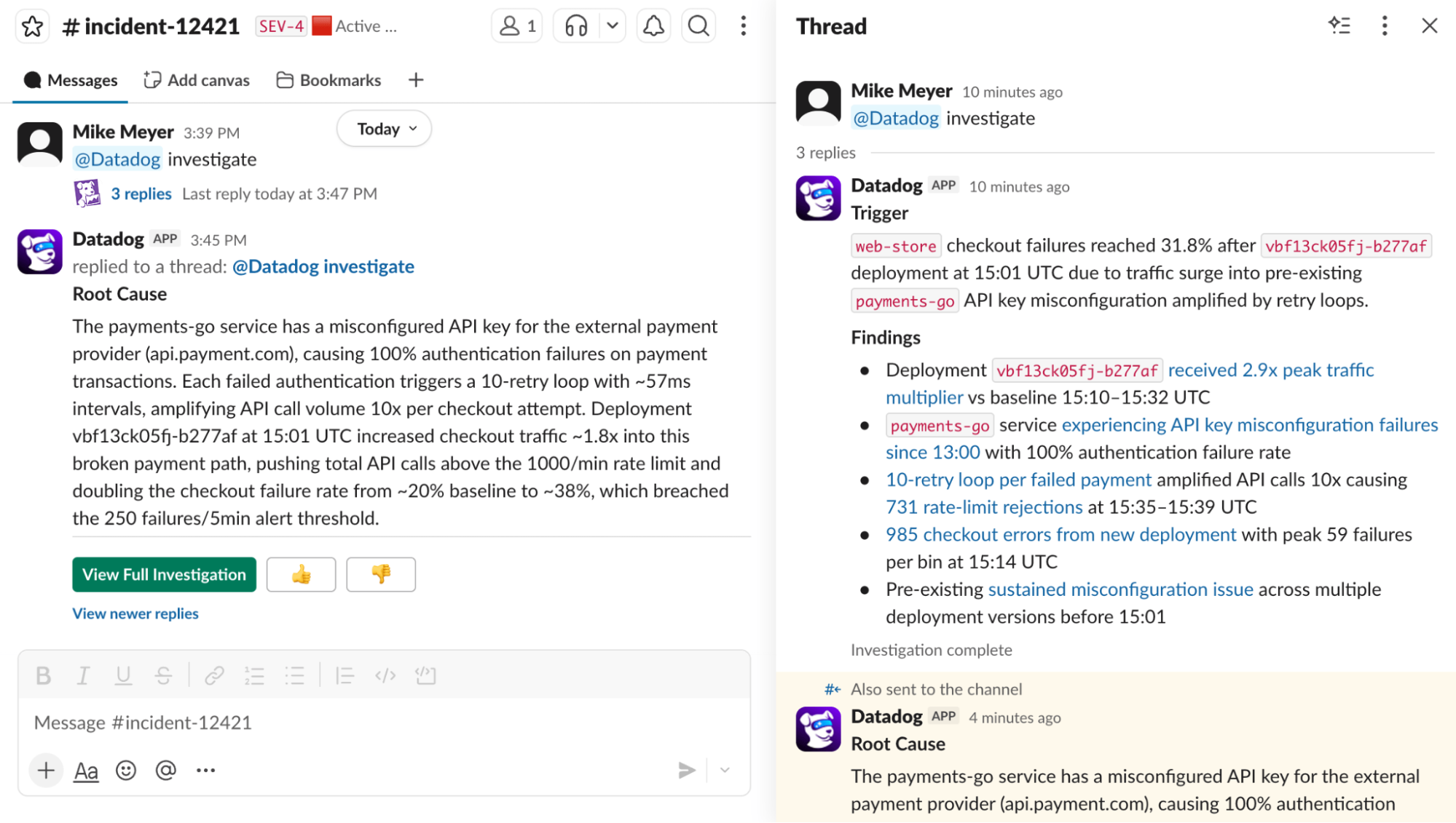 Investigation launched from an incident Slack channel to determine the root cause of checkout failures.