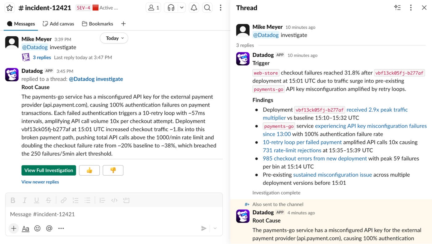 Investigation launched from an incident Slack channel to determine the root cause of checkout failures. Investigation launched from an incident Slack channel to determine the root cause of checkout failures.