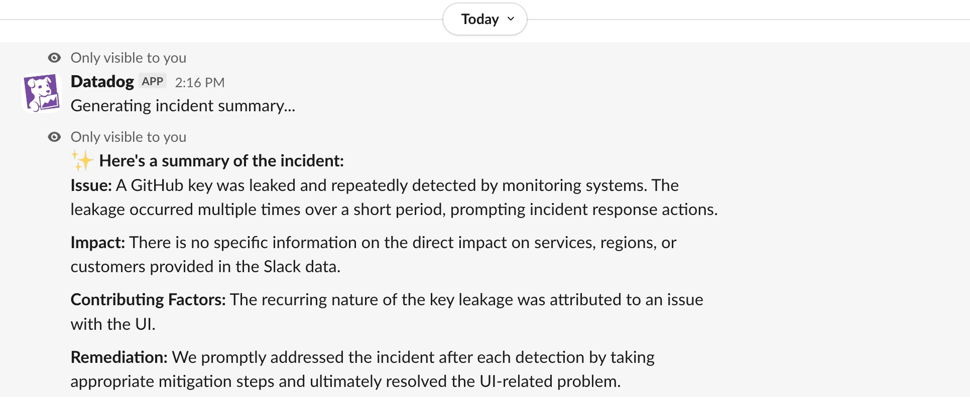 AI-generated incident summary that provides incident status, impact, contributing factors, and remediation details in a private Slack response.