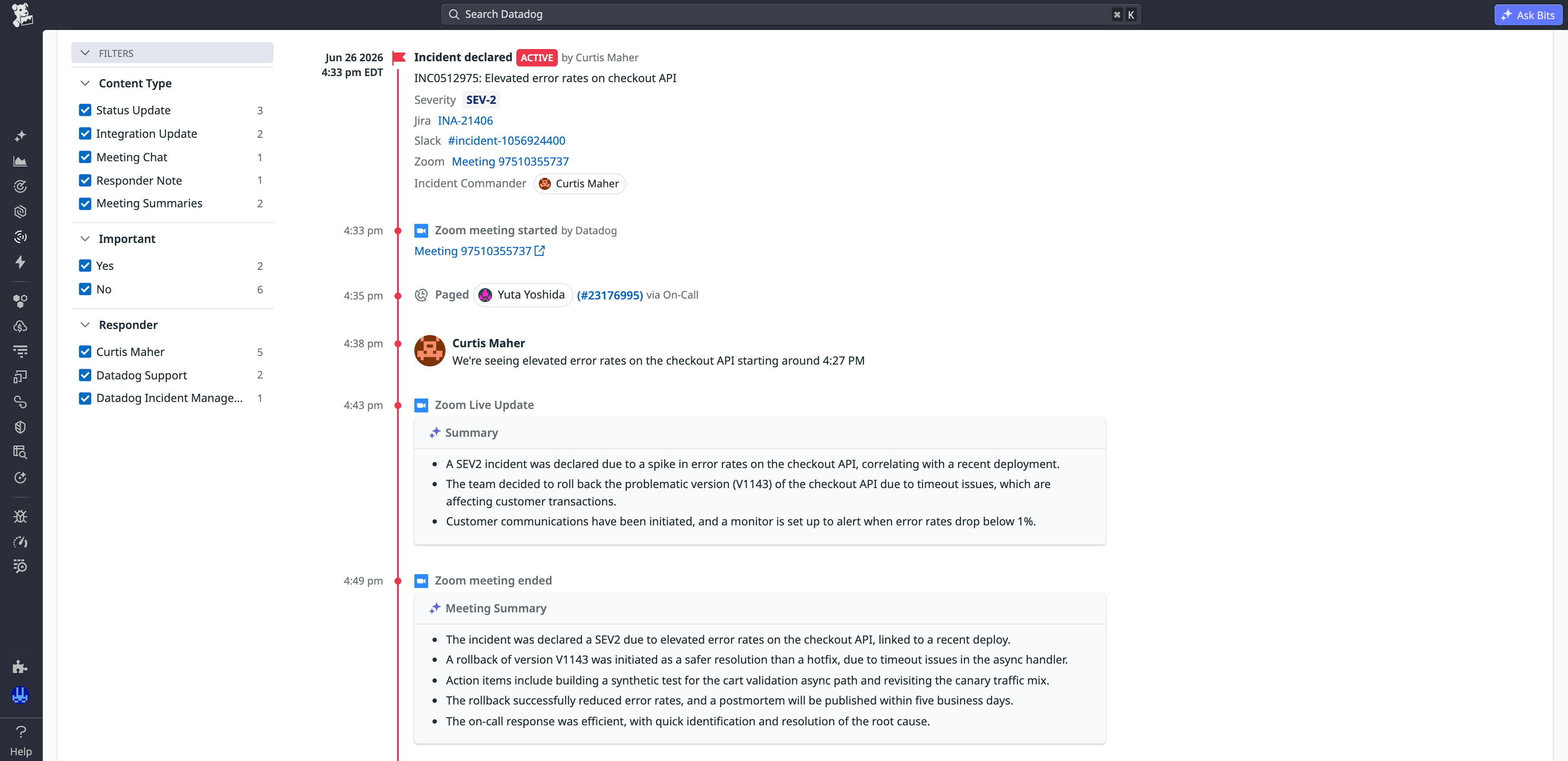 An incident timeline with live updates and a meeting summary that includes decisions and action items from a Zoom meeting.
