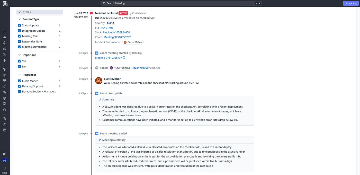 An incident timeline with live updates and a meeting summary that includes decisions and action items from a Zoom meeting. An incident timeline with live updates and a meeting summary that includes decisions and action items from a Zoom meeting.