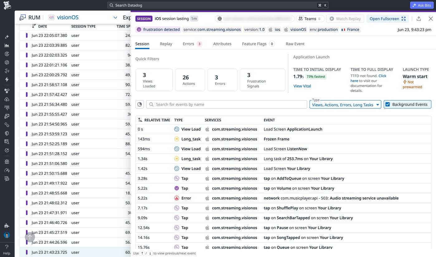 A Datadog RUM session details page with a timeline of user actions, long tasks, and errors for a visionOS application. A Datadog RUM session details page with a timeline of user actions, long tasks, and errors for a visionOS application.