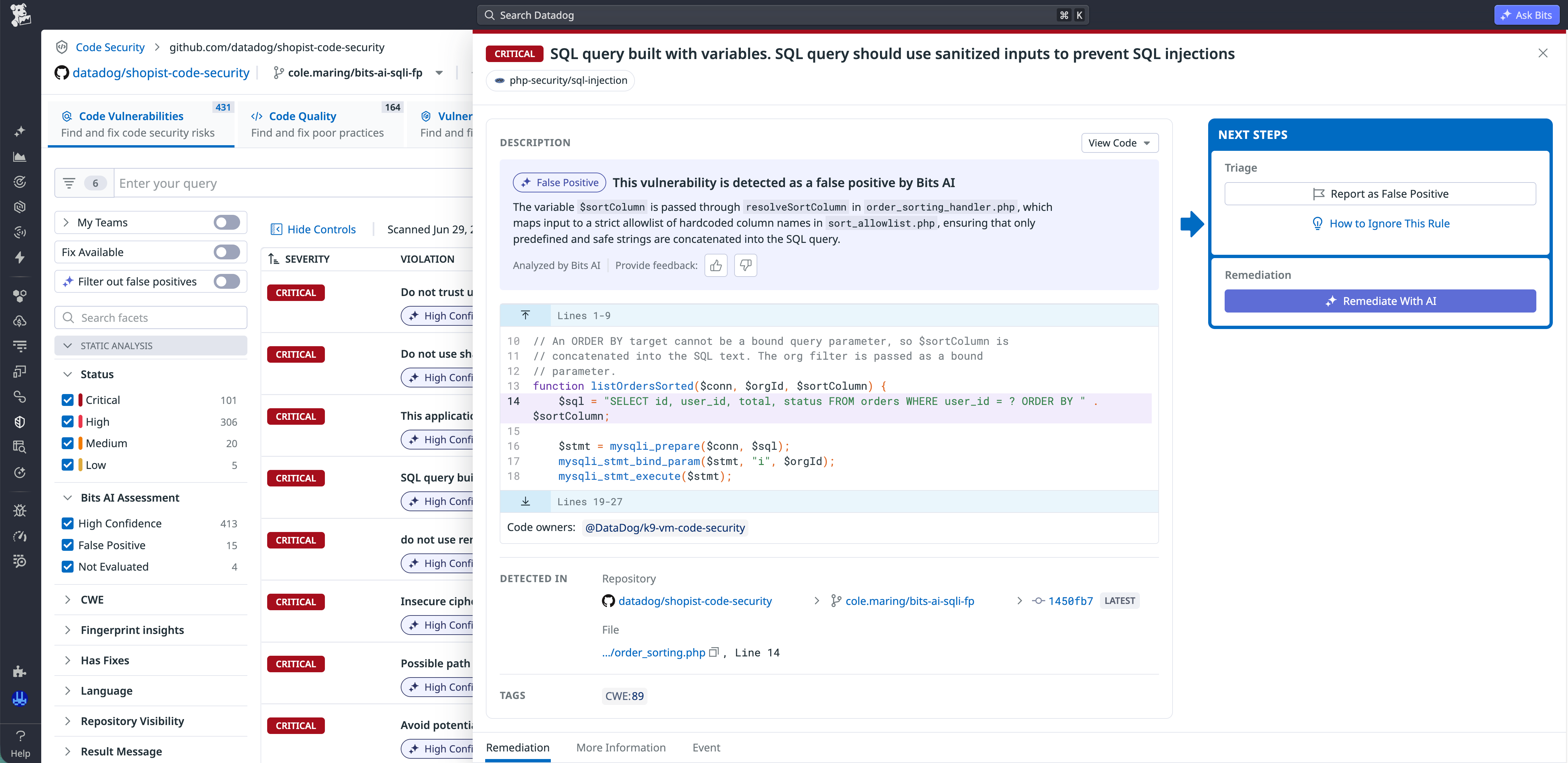 A SQL query vulnerability that Bits AI identifies as a false positive by using agentic evaluation to consider information from the repository.