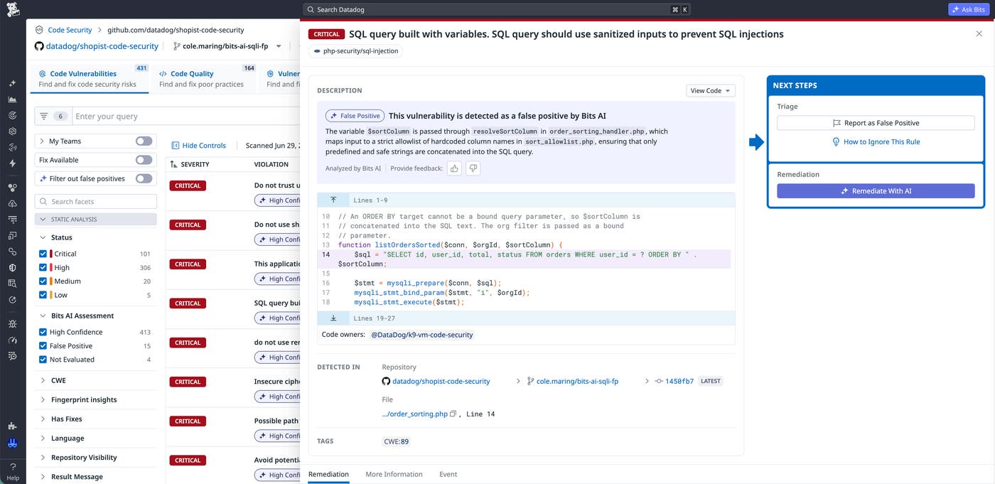 A SQL query vulnerability that Bits AI identifies as a false positive by using agentic evaluation to consider information from the repository. A SQL query vulnerability that Bits AI identifies as a false positive by using agentic evaluation to consider information from the repository.