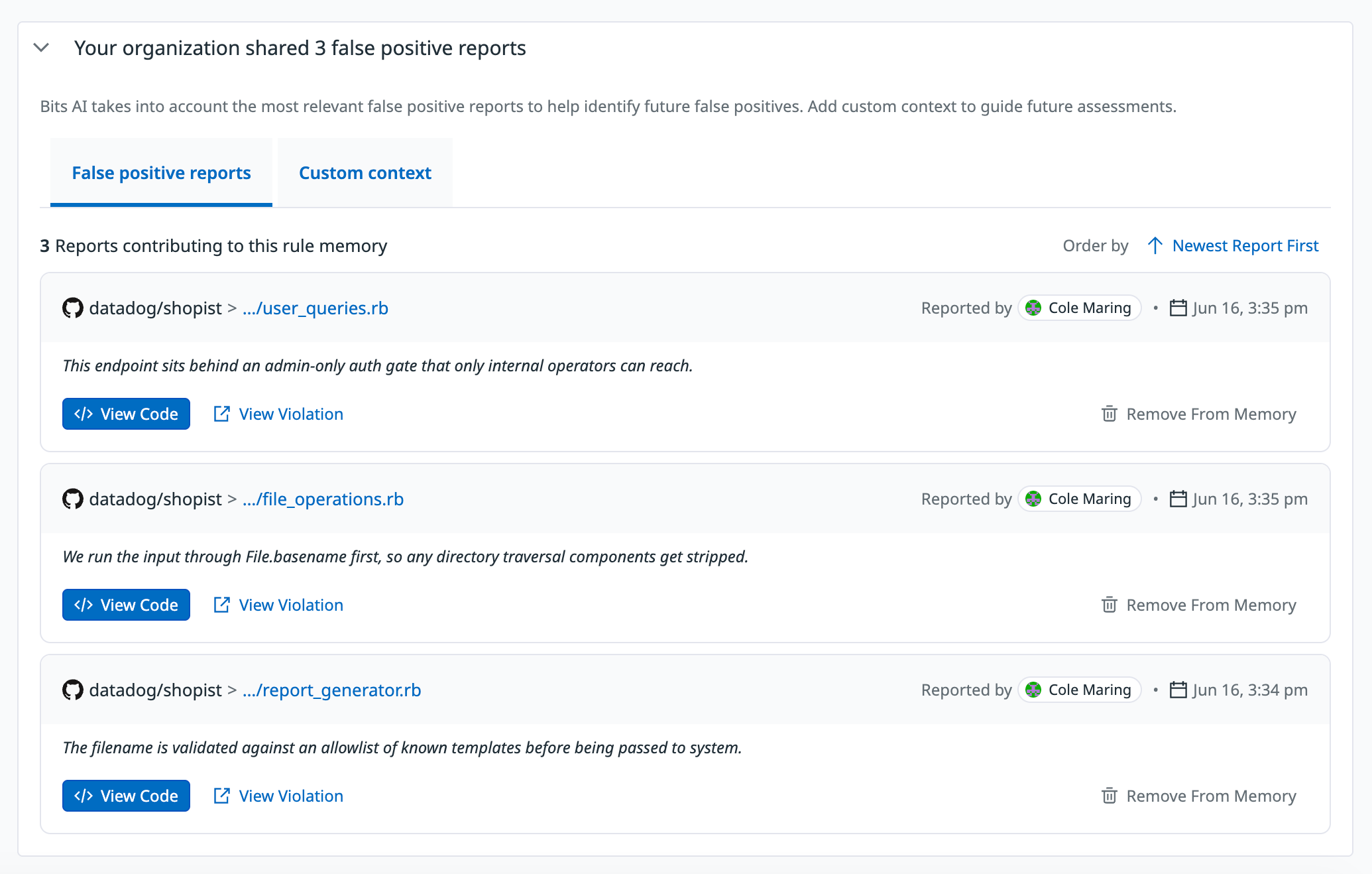 A list of three Bits Memories false positive reports to help Bits accurately assess findings.