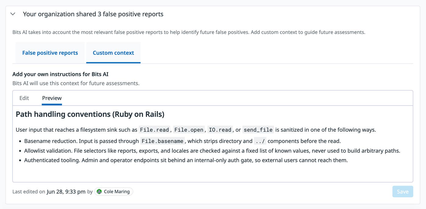 A team’s custom context regarding basename reduction, allowlist validation, and authenticated tooling to help Bits in its assessments. A team’s custom context regarding basename reduction, allowlist validation, and authenticated tooling to help Bits in its assessments.