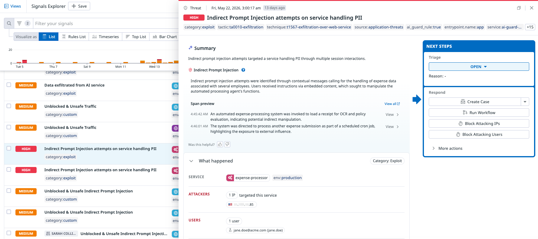 AI Guard Signals Explorer listing high and medium severity findings including indirect prompt injection attempts, with triage and response action options.