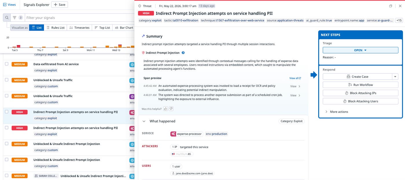 AI Guard Signals Explorer listing high and medium severity findings including indirect prompt injection attempts, with triage and response action options. AI Guard Signals Explorer listing high and medium severity findings including indirect prompt injection attempts, with triage and response action options.