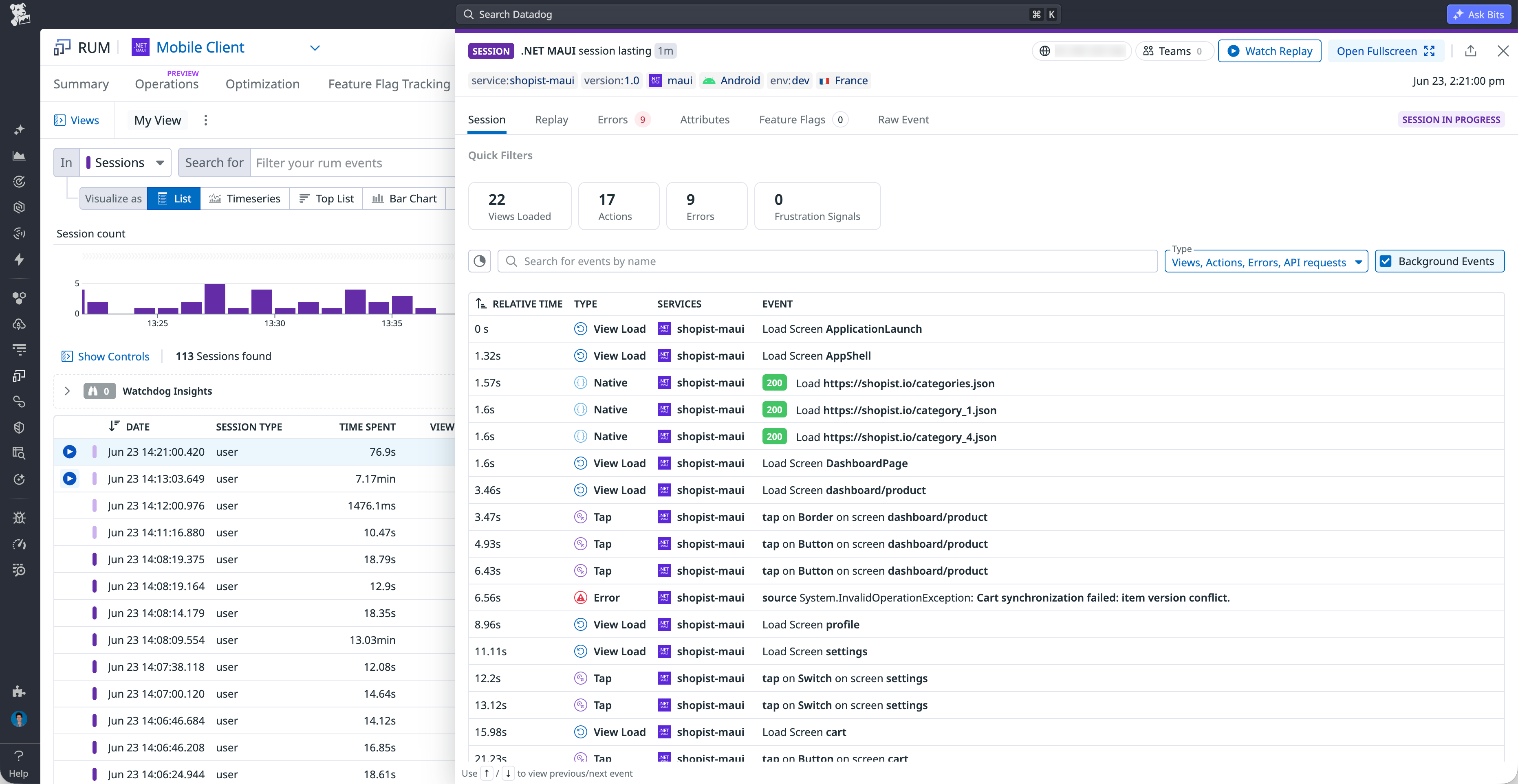 Datadog RUM session details page showing a timeline of user actions, views, and network requests for a .NET MAUI mobile app.