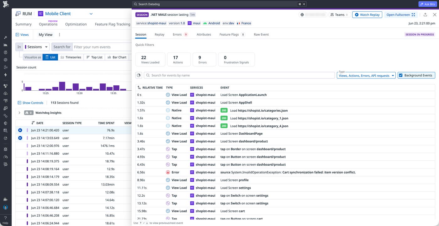 Datadog RUM session details page showing a timeline of user actions, views, and network requests for a .NET MAUI mobile app. Datadog RUM session details page showing a timeline of user actions, views, and network requests for a .NET MAUI mobile app.