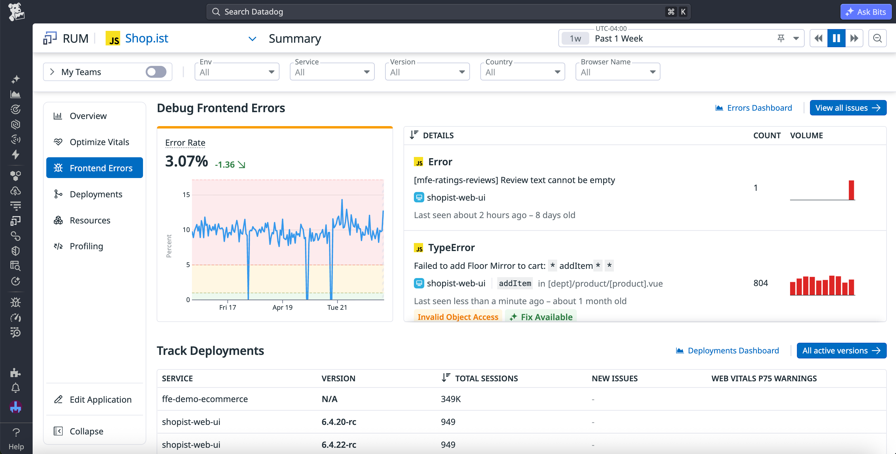 Frontend error widgets on the Performance Summary page, including a graph showing trends in the error rate, a list of deployments, and details about recent errors.