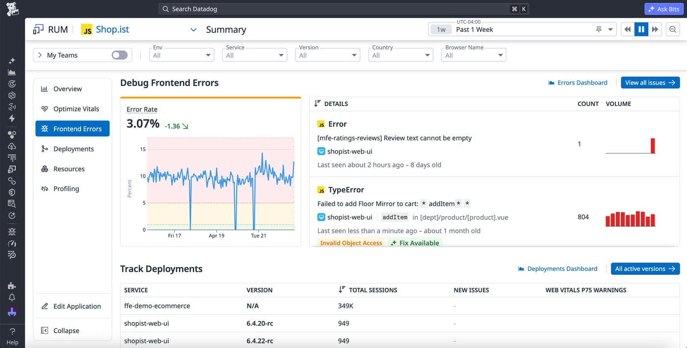 Frontend error widgets on the Performance Summary page, including a graph showing trends in the error rate, a list of deployments, and details about recent errors. Frontend error widgets on the Performance Summary page, including a graph showing trends in the error rate, a list of deployments, and details about recent errors.