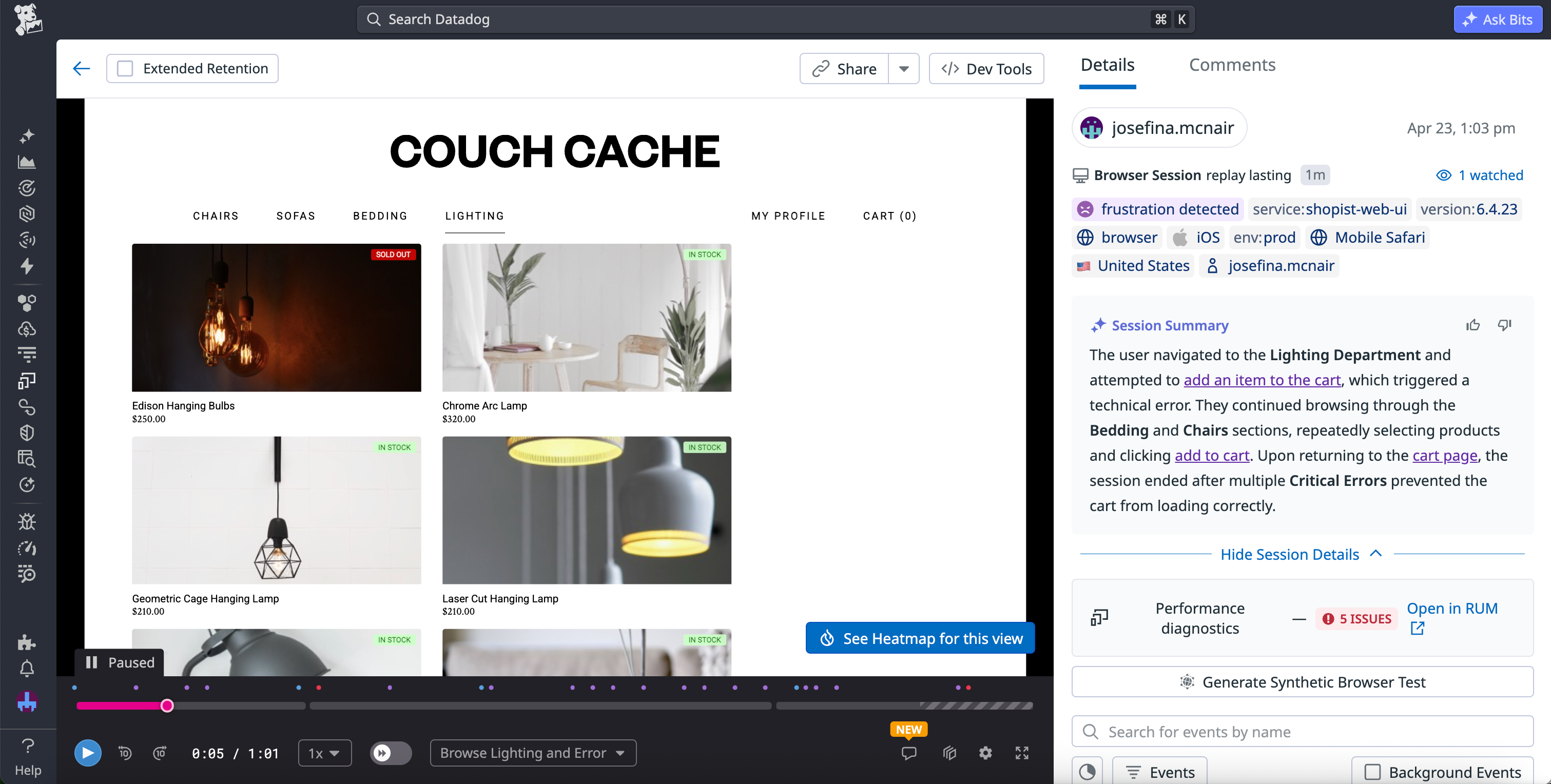 A session replay in Datadog RUM, showing the visual recreation of the session alongside a summary of key events.