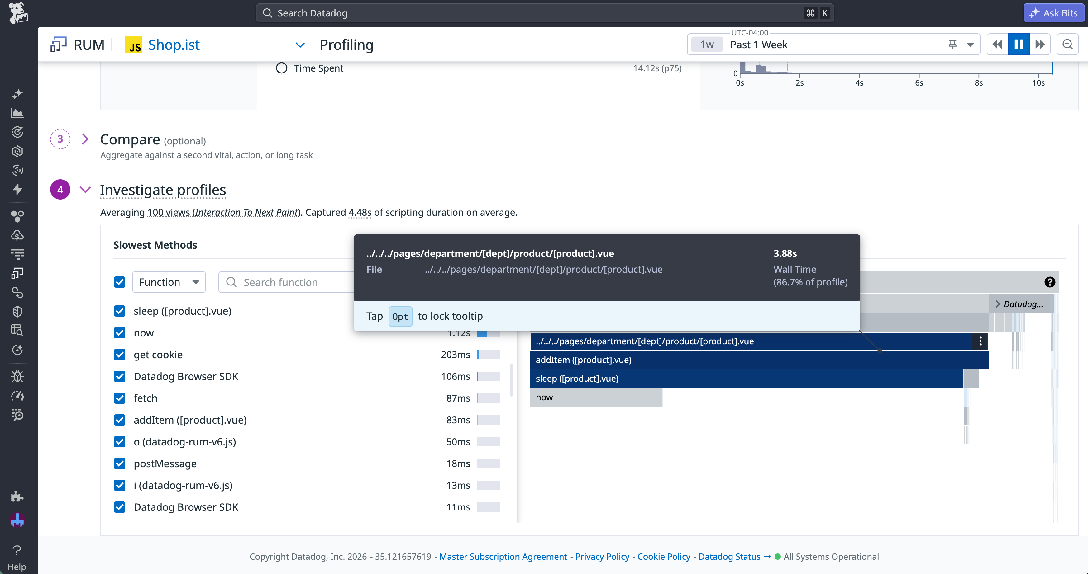 The Profiling page in Datadog RUM, showing a ranked list of the slowest functions in an app.