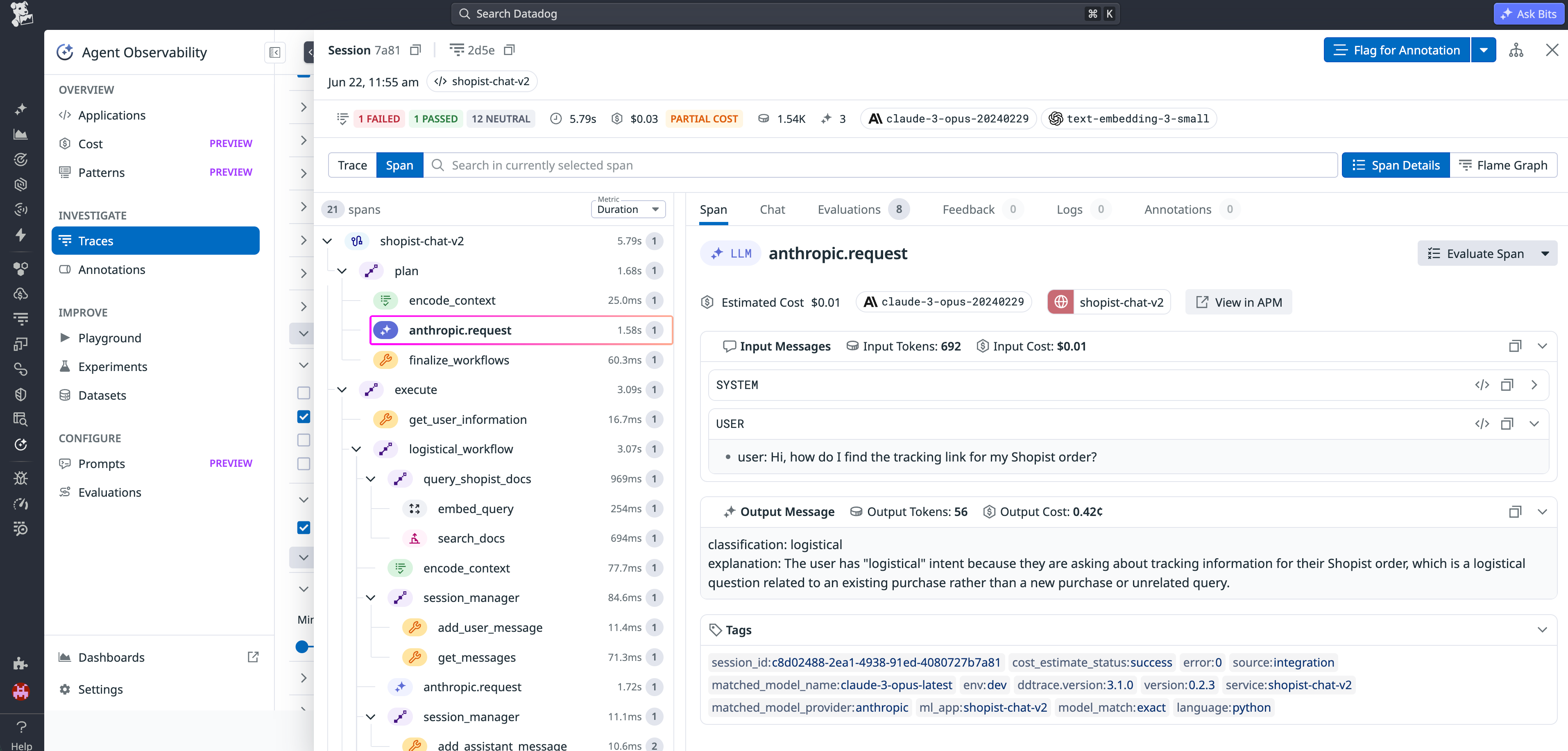 Datadog Agent Observability trace view showing an anthropic.request span selected and input token count, input cost, output token count, and output cost visible alongside the conversation messages.