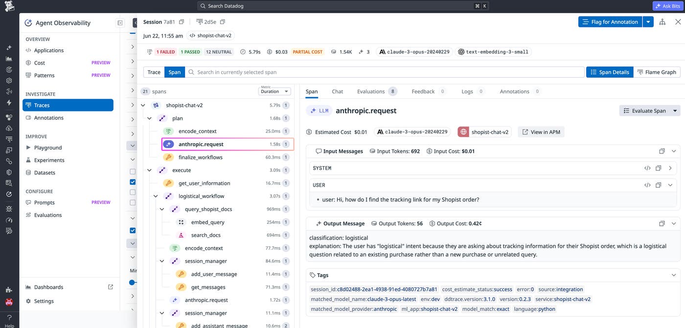 Datadog Agent Observability trace view showing an anthropic.request span selected and input token count, input cost, output token count, and output cost visible alongside the conversation messages. Datadog Agent Observability trace view showing an anthropic.request span selected and input token count, input cost, output token count, and output cost visible alongside the conversation messages.