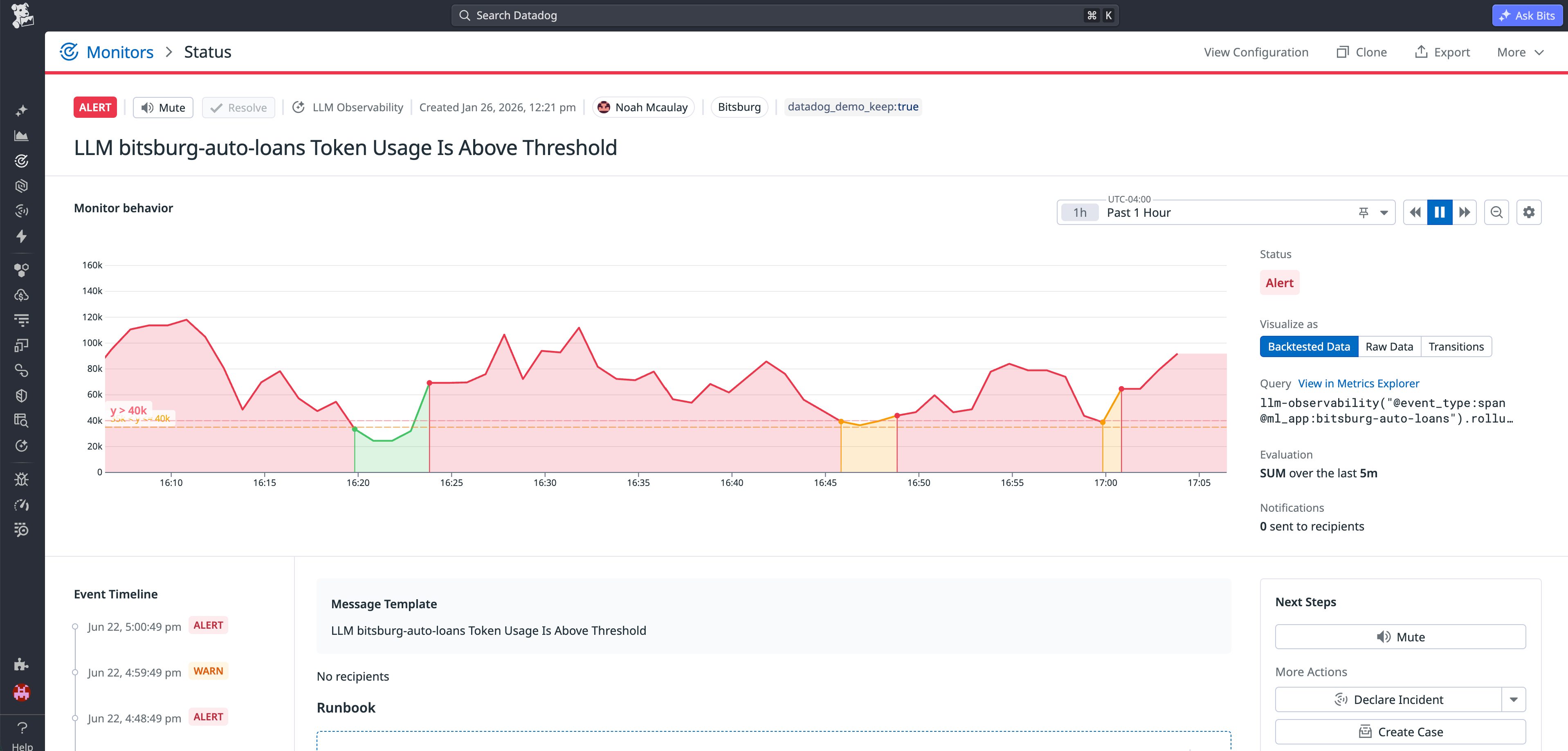 Datadog Monitor in Alert status showing a time-series graph of LLM token usage over the past hour with a configured threshold.