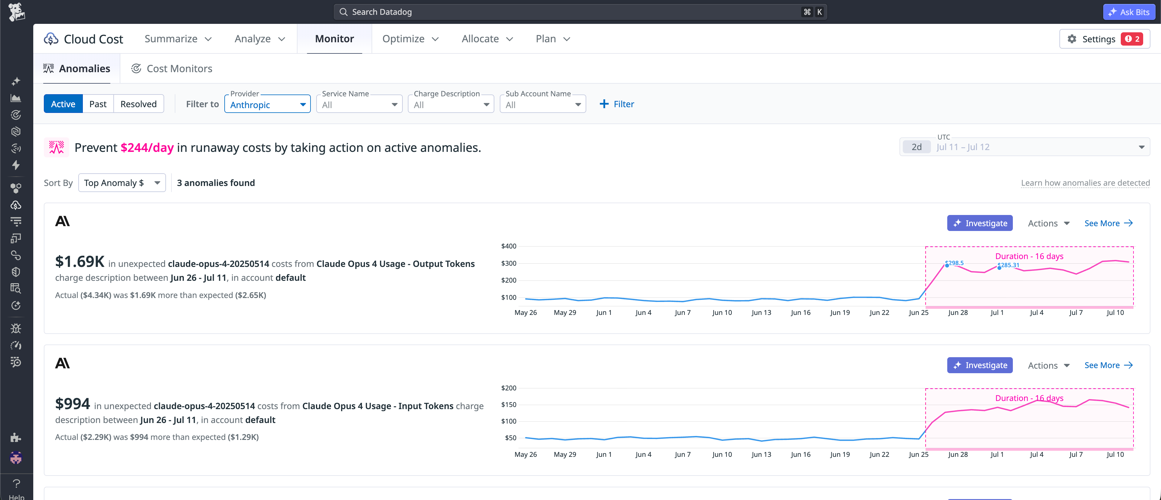 Datadog Cloud Cost anomalies monitor filtered to Anthropic showing three Claude Opus 4 output and input token cost anomalies with Investigate buttons.