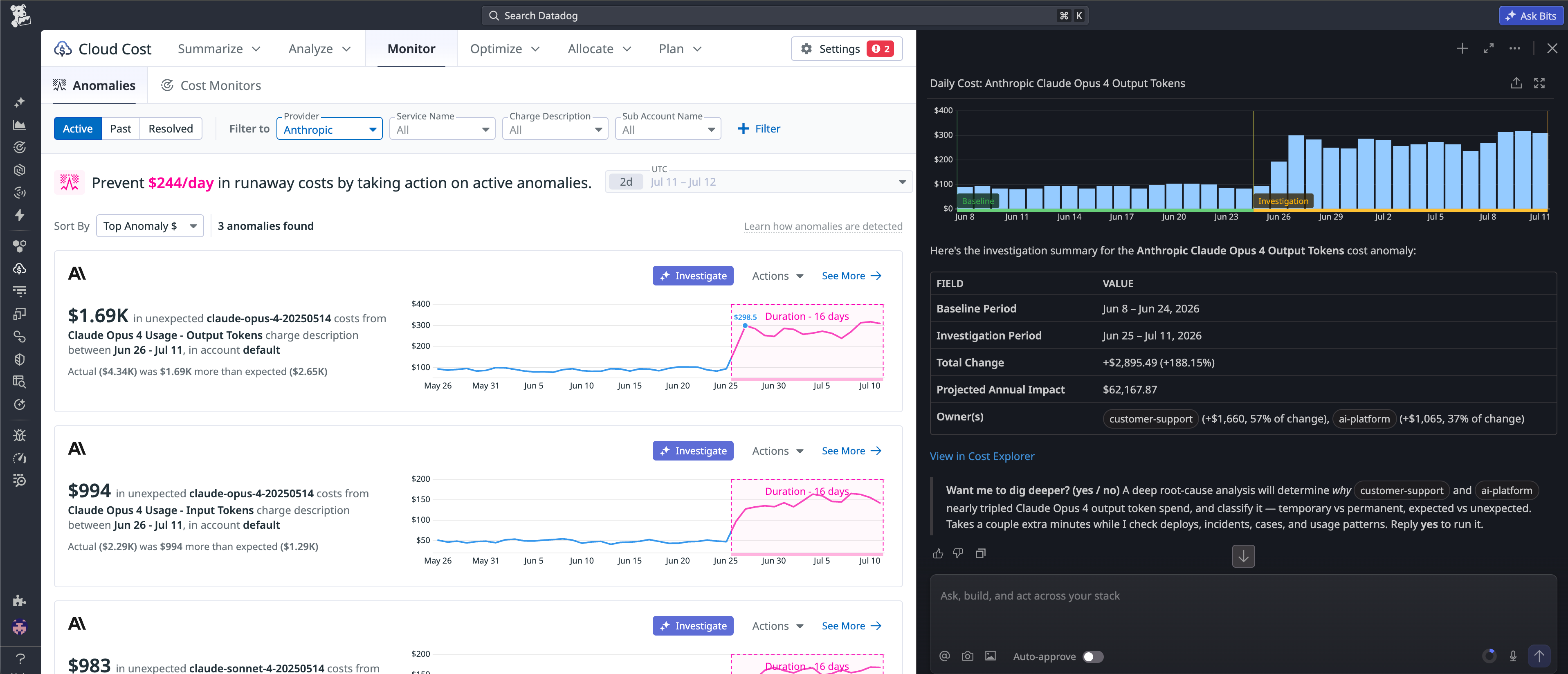 Bits Chat root cause analysis of an Anthropic Claude Opus 4 cost spike showing a $2,895.49 increase attributed to Customer Support and AI Platform teams with deep root cause analysis offer.