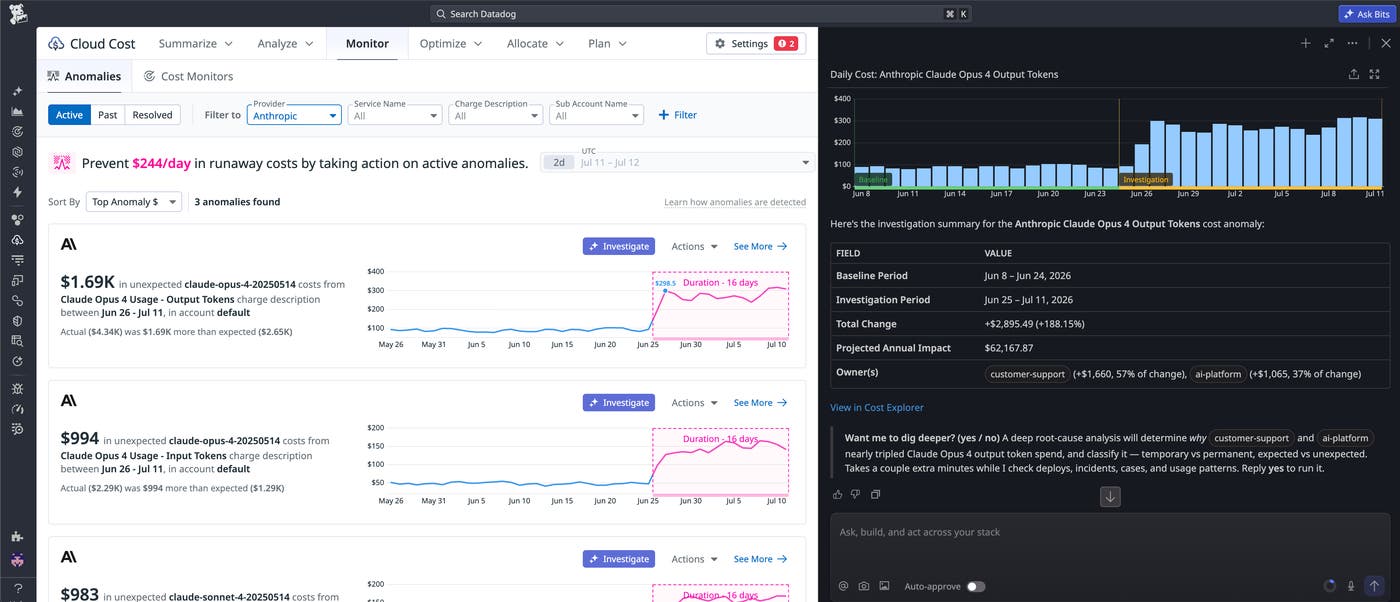 Bits Chat root cause analysis of an Anthropic Claude Opus 4 cost spike showing a $2,895.49 increase attributed to Customer Support and AI Platform teams with deep root cause analysis offer. Bits Chat root cause analysis of an Anthropic Claude Opus 4 cost spike showing a $2,895.49 increase attributed to Customer Support and AI Platform teams with deep root cause analysis offer.